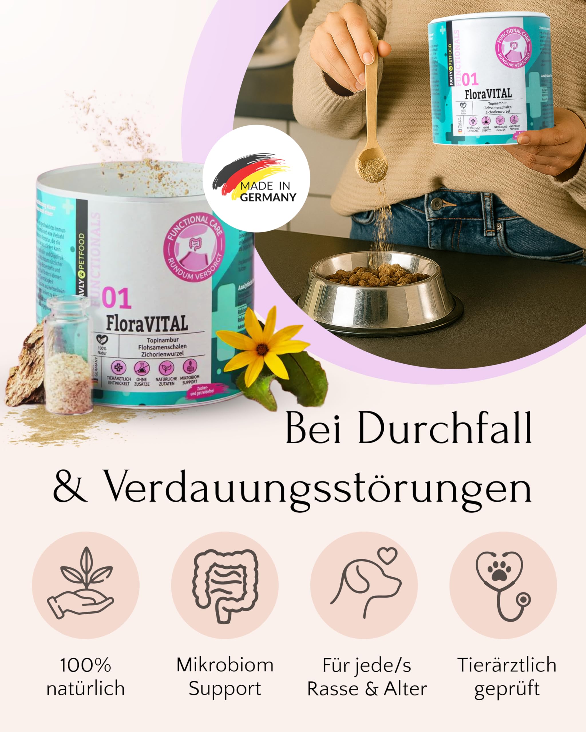 FAVLY – FloraVITAL Darmflora Pulver 2x250g für Hunde & Katzen – Topping zur Unterstützung von Darm, Verdauung & Immunsystem – mit Inulin, Flohsamenschalen & Beta-Glucanen – Ohne Getreide & Zusätze