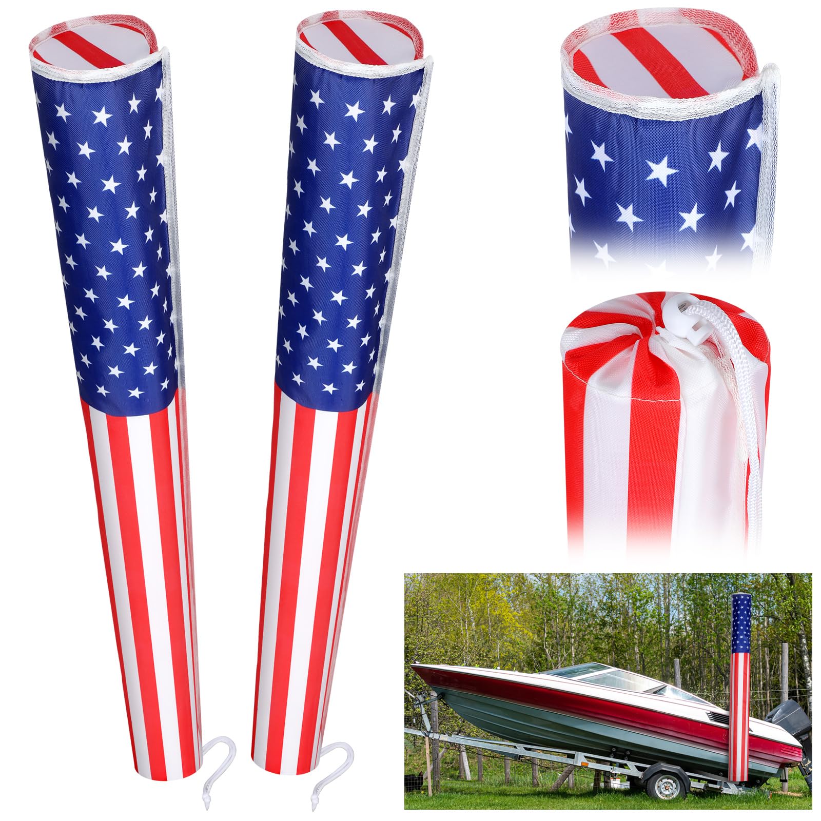 2 Pcs 60" USA Boat Trailer Guide Pole Pad and Cover with Capped Ends Heavy Duty 600D Oxford Cloth Boat Guide Poles Cover 4th of July American Flag Boat Trailer Capped Guide Pole Pad