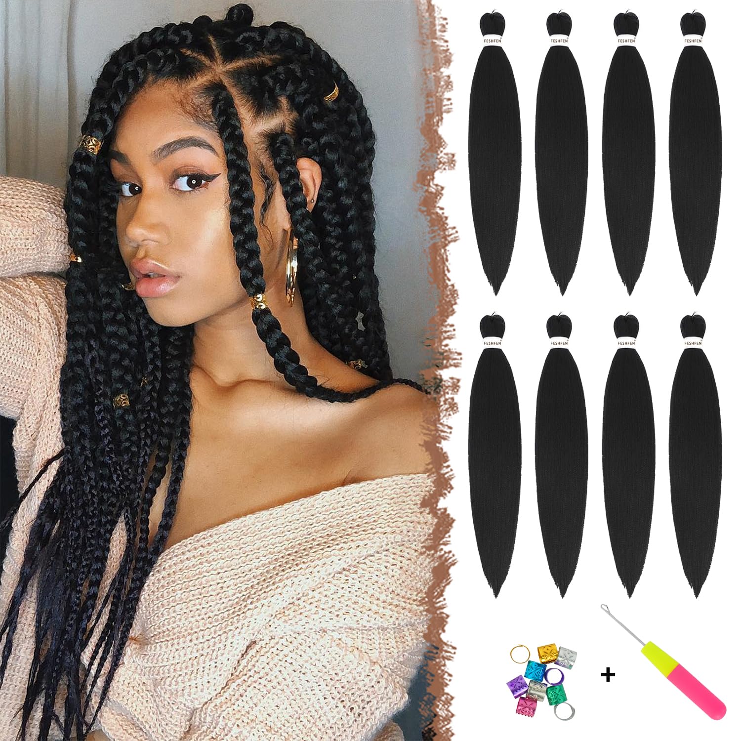 FESHFEN Extensiones para Trenzas Africanas 8 Piezas Pre Stretched Braiding Extensiones de Cabello Trenzado Sintetico Twist Crochet Braid Extensión Pelo Postizo Negro apagado, 55 cm