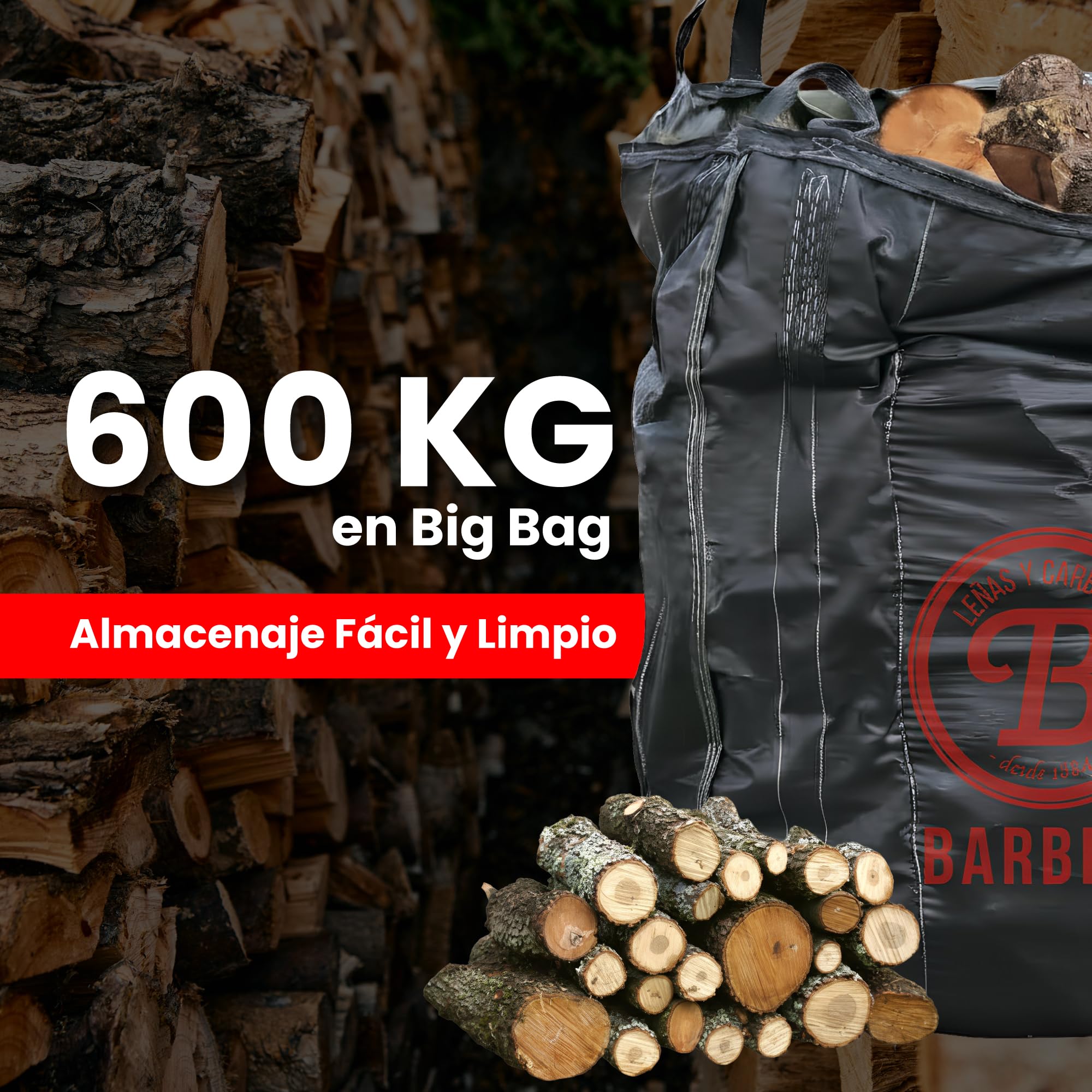 Leña Encina Big Bag 600kg Madera Dura Natural Alta Densidad Calor Intenso Combustión Lenta Ideal Chimenea Estufa Caldera Restaurantes Casas Rurales Bajo Humedad Entrega Volumen Fuego Constante