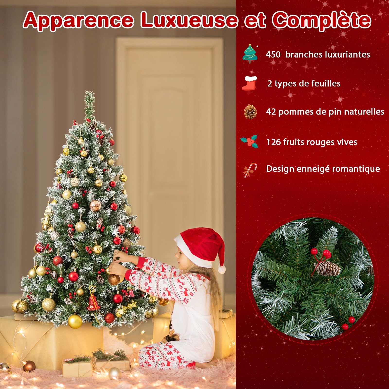 COSTWAY Sapin de Noël 150 cm, 450 Branches Articulées avec 200 LED Blanc Chaud, 8 Éclairage, Baies Rouges & Pommes de Pin, Arbre de Noël pour Fêtes, Bureau, Maison(150 cm)