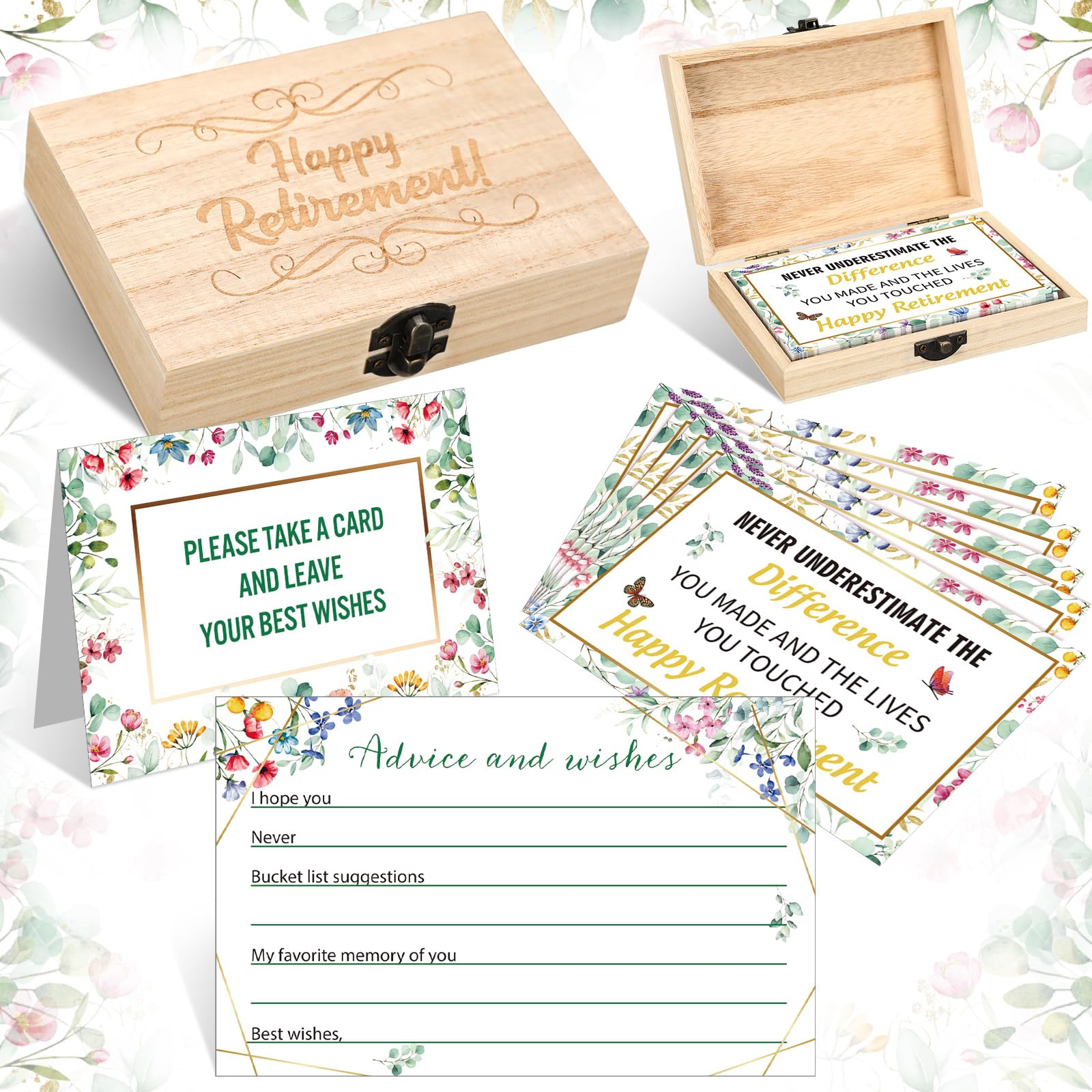 Novabright 62 tarjetas de caja de jubilación con texto en inglés "Greenery Happy Retirement Box", tarjetas de madera con letrero de mesa, consejo de deseos, felicitaciones, tarjeta de libro de