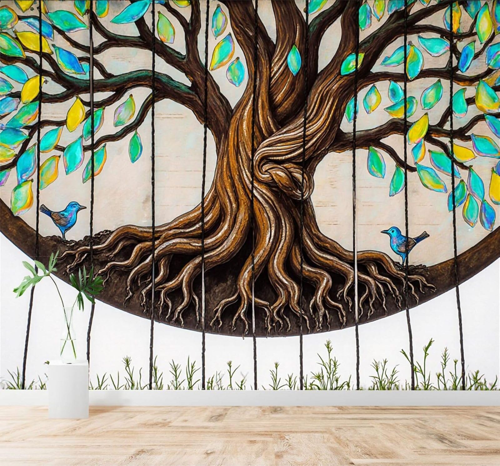Xlming 400Cm×280Cm(B×H) 3D Wallpaper Vibrant Tree Of Life Roots Colourful Leaves Blue Birds