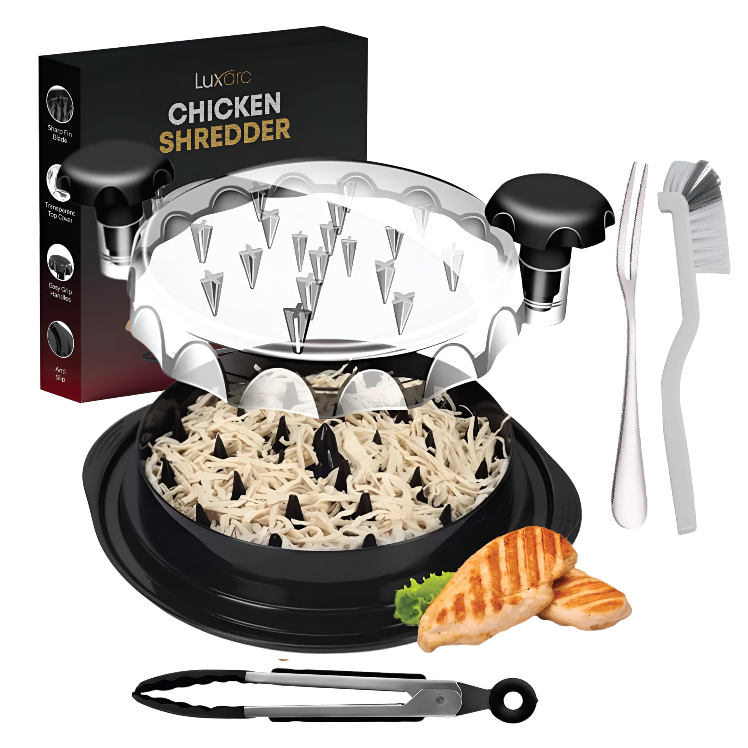 Large Chicken Shredder Tool Twist with Cleaning Brush, Tong, & Fork -11" Upgraded Food & Meat Shredded Tool Twister - Chicken Breast Shredder Strong Anti-Slip Grip, Ergonomic Handle, BPA Free (Black)