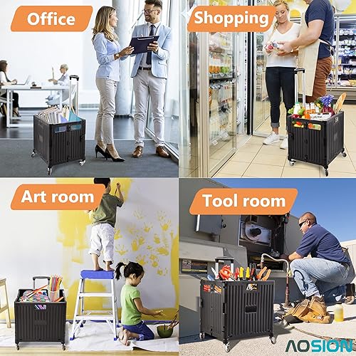 Miniatura 2 de AOSION - Carrito de compras plegable de 65 litros carrito de compras plegable con 4 ruedas de 360 grados para compras equipaje oficina color negro