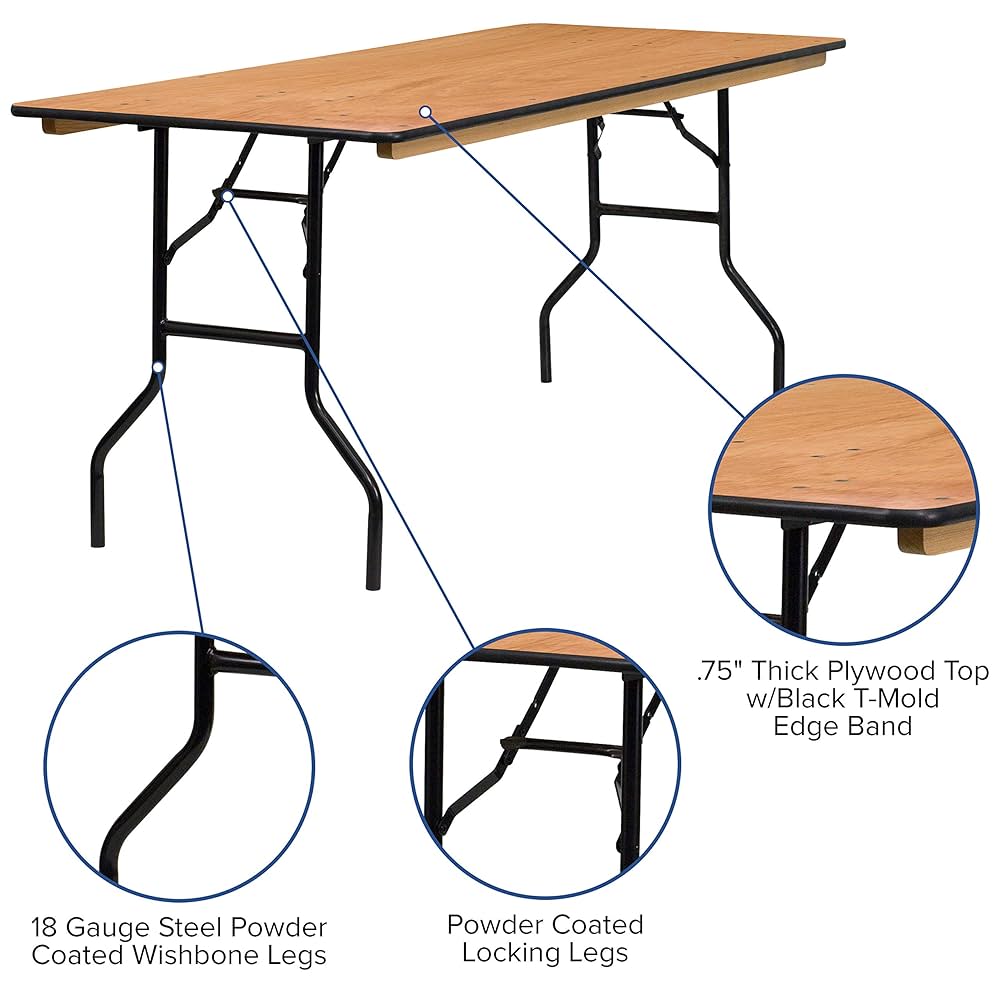 Table Pliante Rectangulaire Flash Furniture - 45,7x182,9cm - Bois Avec Plateau Lisse - Pieds Wishbone Noirs - Pour Salle, école, Maison