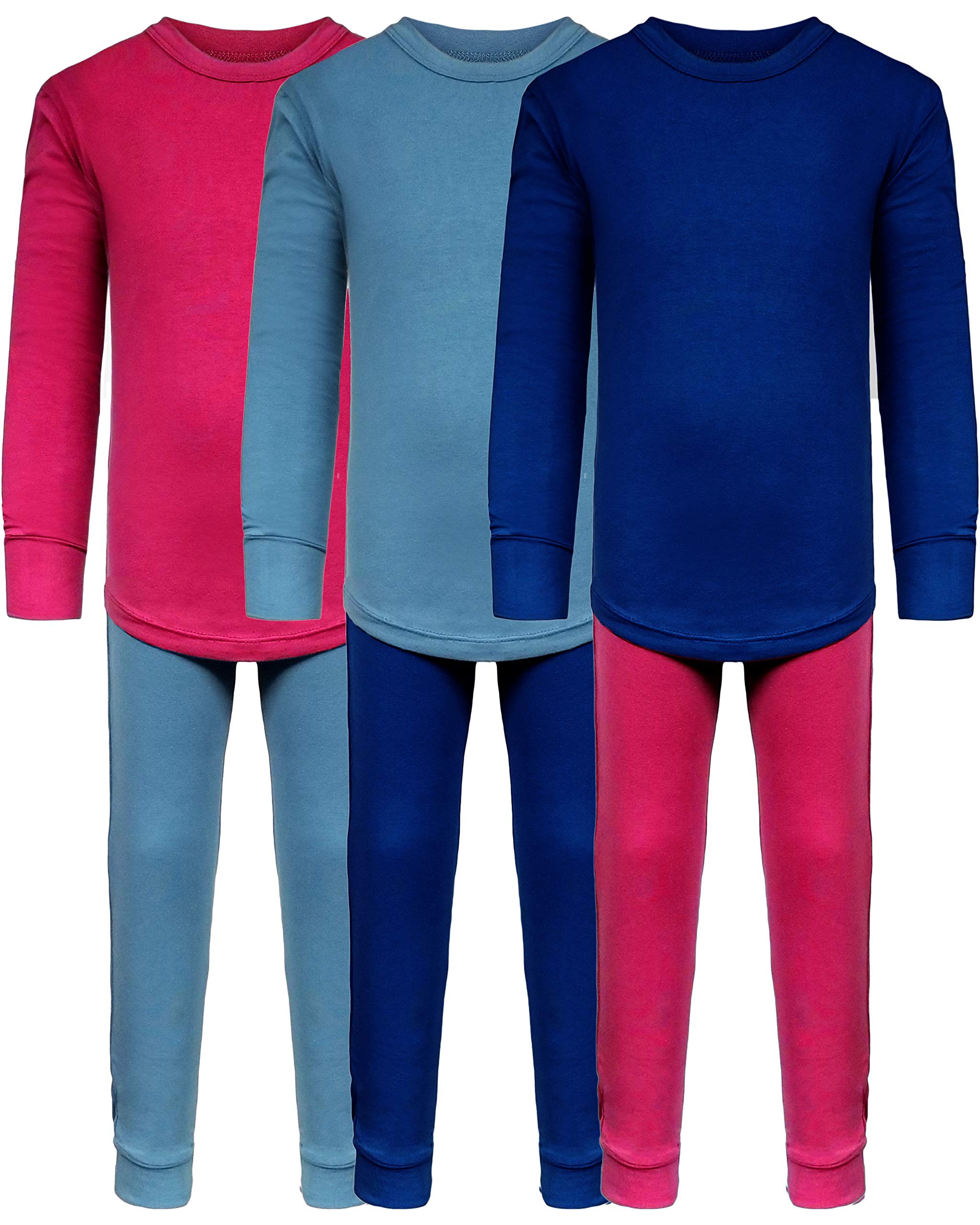 SNOOzZZ'N Girls Long Underwear Cotton Stretch Base Layer Sets/Long Sleeve Top - Long Tights - 6 Piece Mix & Match / 3 Sets (3 Sets -Pink/Blue/Niagra, 6X)