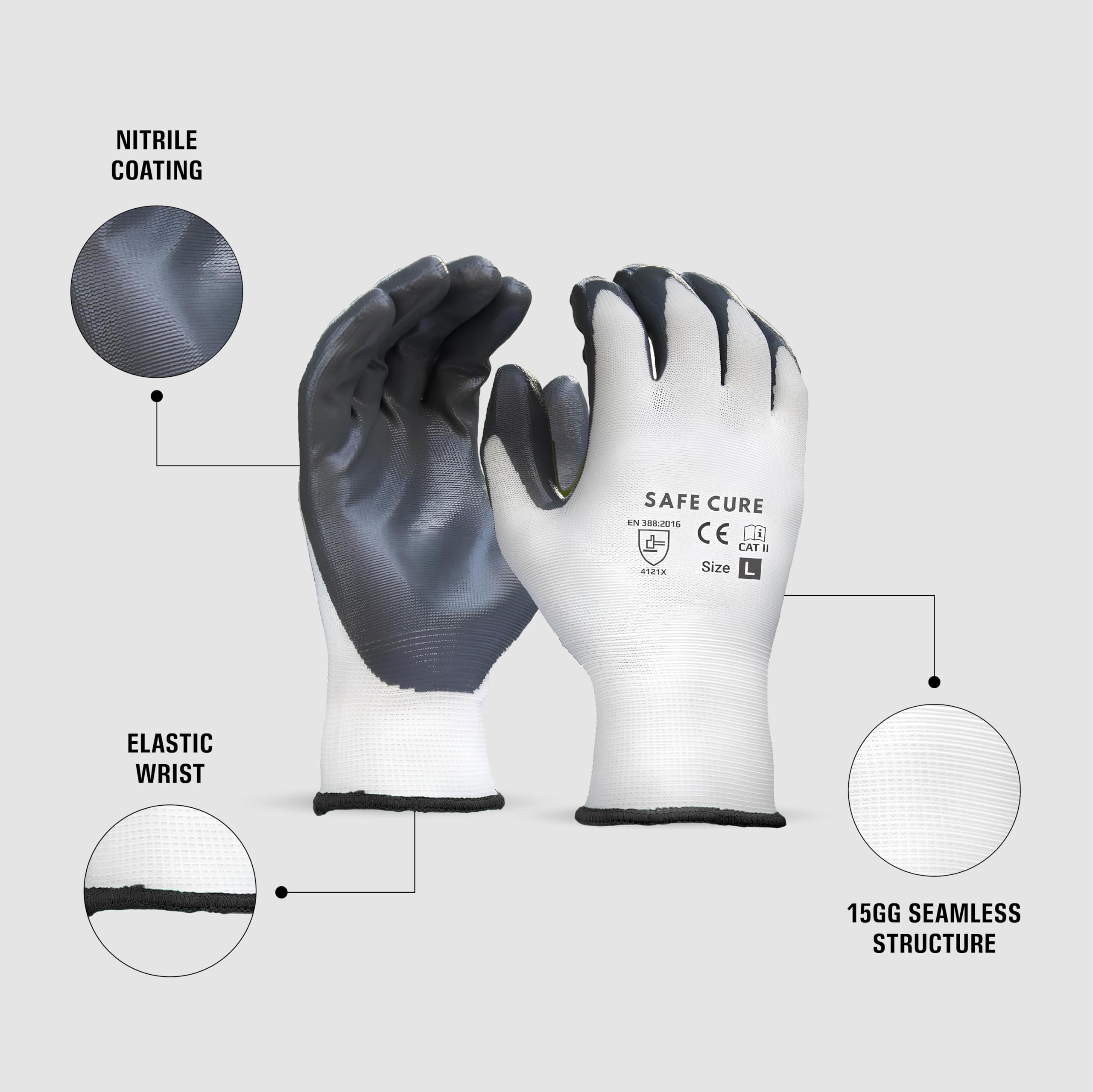 Safe Cure Nitrile Safety Gloves for Men β Pack of 10 Pairs | Industrial, Construction, Gardening, Farming, Glass & Metal Handling | Cut Resistant Nylon Hand Gloves β White 2
