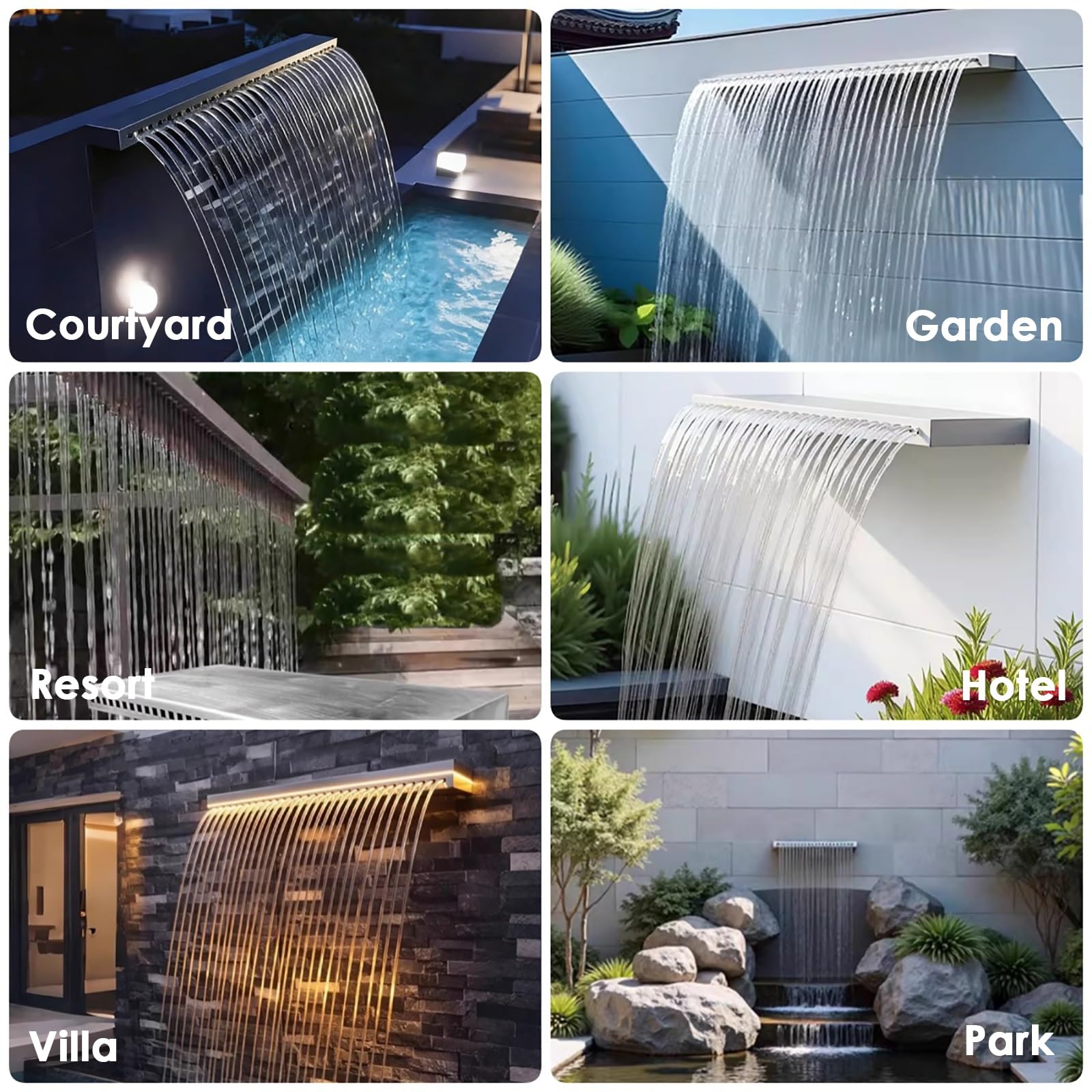 Desbordamiento de cascada de acero inoxidable de 144,8 cm, resistente, empotrado, translúcido, para exteriores, hoteles, jardines y jardines rocosos con kits de accesorios de tubería