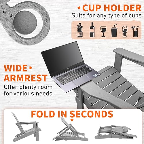 Miniatura 4 de Juego de 2 sillas plegables Adirondack de plástico, con textura de madera, sillas para hoguera para exteriores, sillas Adirondack compuestas