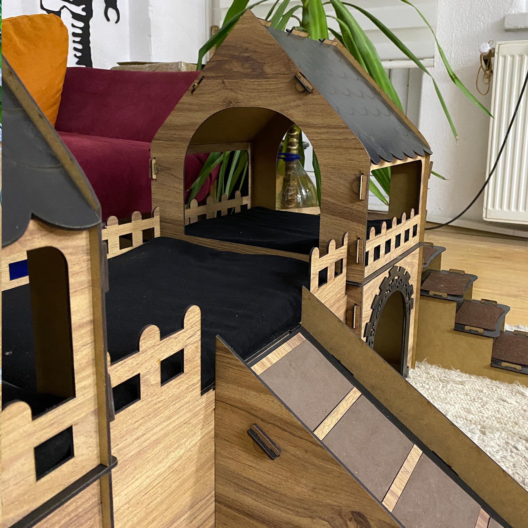 Kaninchenburg mit 2 Etagen, XXL Kaninchenhaus aus Holz mit Rampe & Treppen, Großer Spielturm & Versteck für Zwergkaninchen, Meerschweinchen & Hasen, Indoor Nagerhaus aus Naturholz (Eiche-Schwarz)