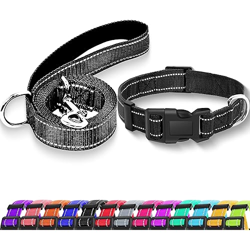 Reflective Dog Collar with Safety Locking Buckle, Adjustable Soft Breathable Nylon Collars for Small, Medium and Large Dogs(Collar+Leash S Width 3/4" Black)