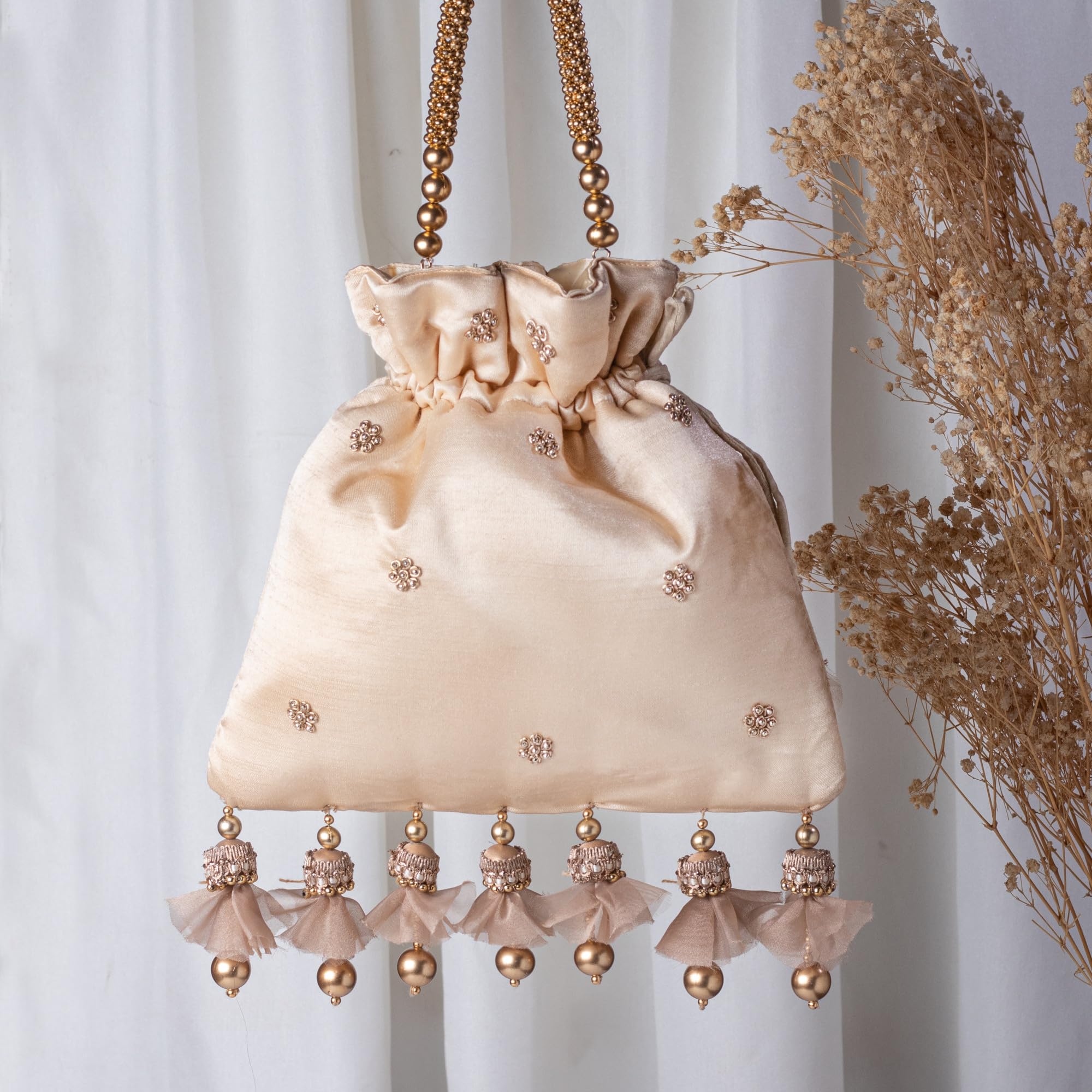 Amayra Luxe Exquisite Marodi Embroidery with Golden Pearls Pichwai Potli Bag for Ladies & Girls | Women Shagun Pouches for Festive Seasons | Batwa Bag Bridal Purse With Embroidery. (Golden) 1
