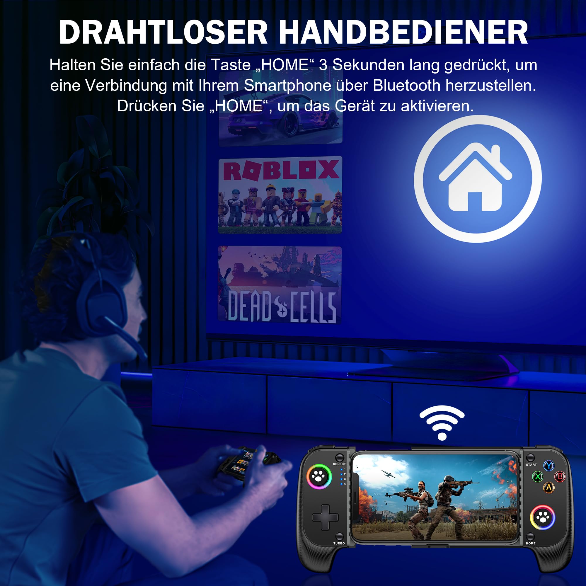 HASACOOL Handy Controller für iPhone/Android, Bluetooth Smartphone Controller mit Hall Effect Joystick/RGB Licht, Support Xbox Cloud/Steam Link/GeForce Now/MFi Apple Arcade/Roblox