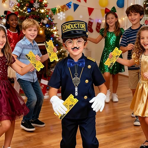 Miniatura 6 de 32 piezas de accesorios de disfraz de conductor de tren de Navidad con sombrero de conductor "Believe", reloj de bolsillo para boleto y silbato de