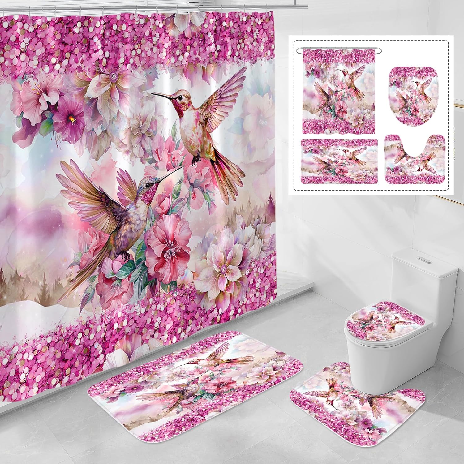 Litabel 4 Pcs Purple HummingBird Flower Shower Curtain Sets with Rugs for Bathroom Decor, Vintage Floral Bathroom Sets with Shower Curtain and Rugs, Bathroom Curtain Set with Mats (Hooks Not Included)