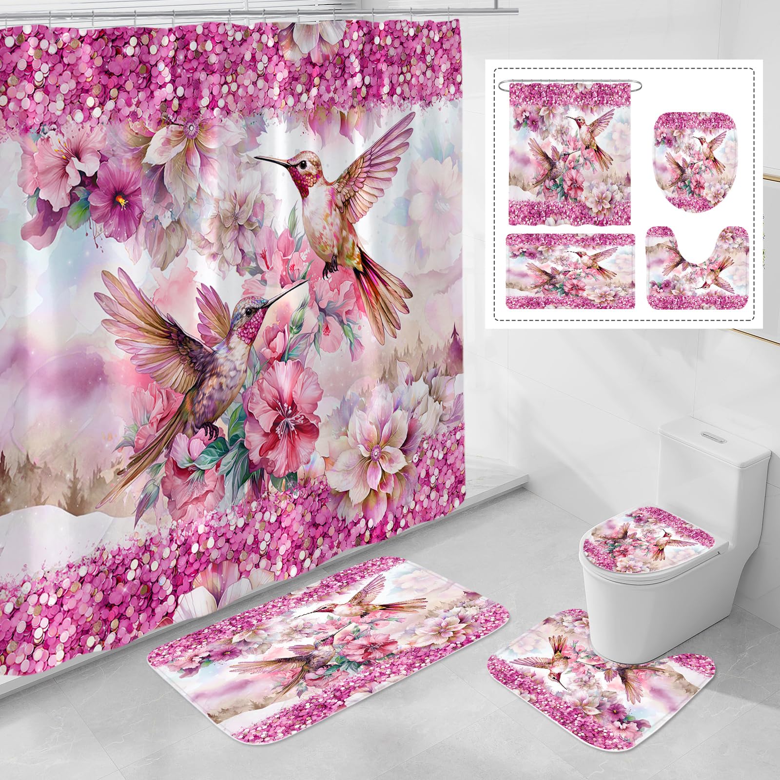 Litabel 4 Pcs Pink Hummingbird Flower Shower Curtain Set with Rugs for Bathroom Decor, Rustic Floral Bathroom Sets with Shower Curtain and Rugs,