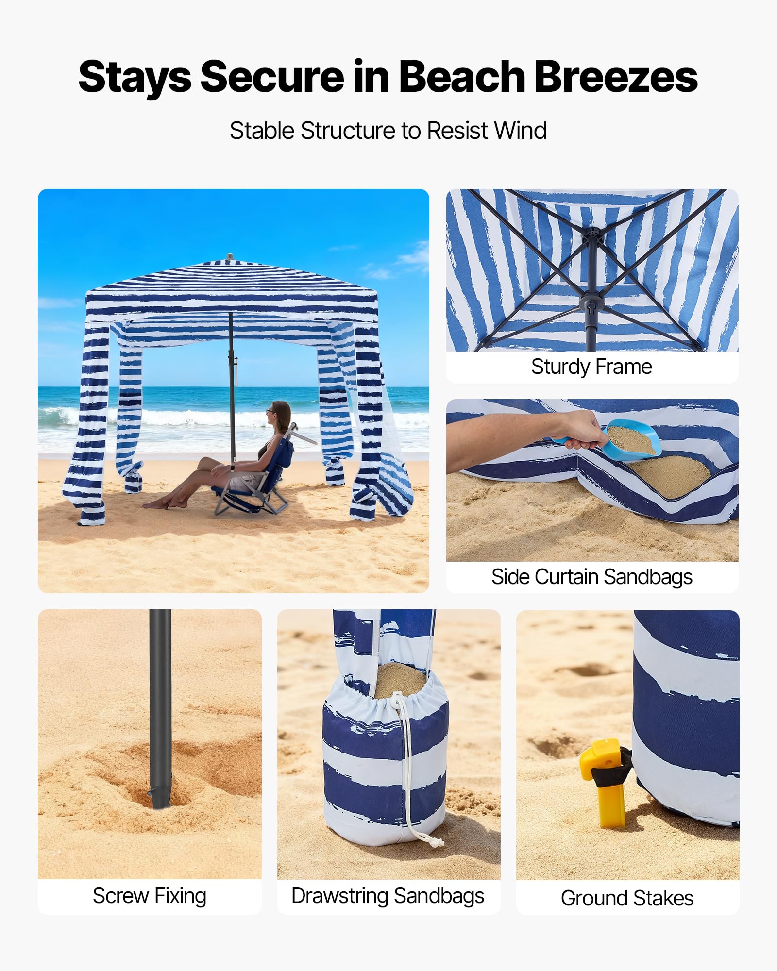 VEVOR Cabaña de Playa con Panel Lateral, Protección Solar UPF 50+, Sacos de Arena, Sombrilla Portátil para Disfrutar en Familia y con Amigos, Rayas Azul Marino y Blanco, 1830 x 1830 x 2290 mm