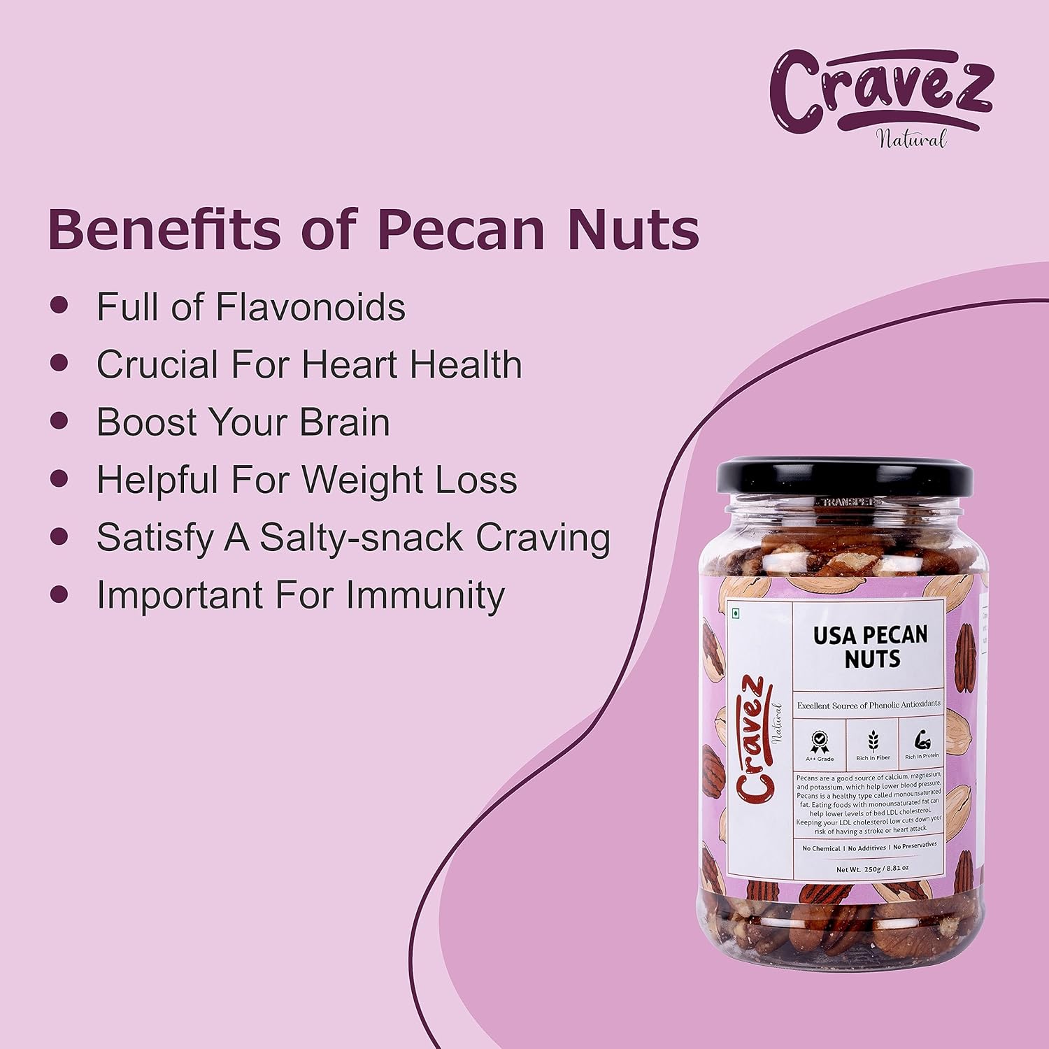 Cravez Natural Usa Pecan Nuts -200 Gm (Grade A ++ Nuts, Premium Size, Imported) - Excellent Source Of Phenolic Antioxidant - Packed In Reusable Premium Jar