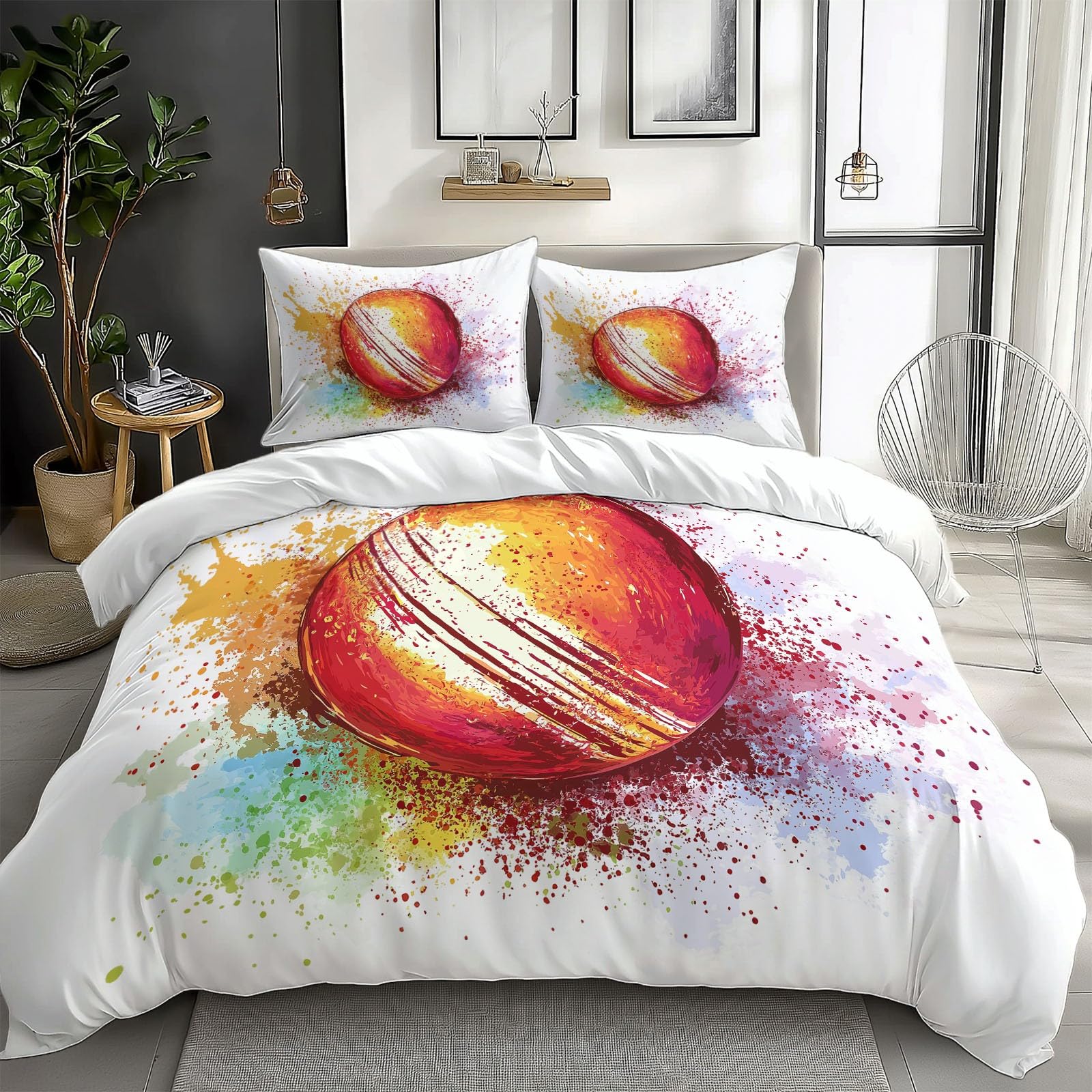 200 x 200 cm, komplet pościeli z miękkiej mikrofibry do krykieta, w stylu akwarelowym, 1 poszwa na kołdrę + 2 poszewki na poduszkę 80 x 80 cm, nadruk 3D, dla chłopców i dziewczynek, biały