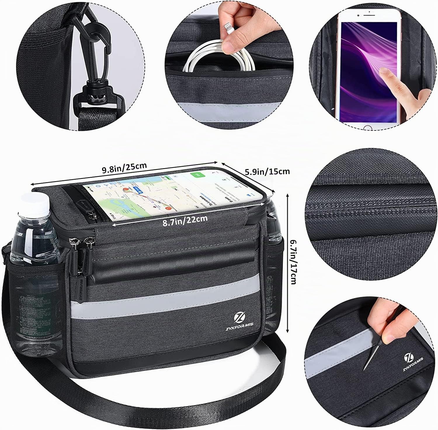 Borsa da Manubrio per Bicicletta 6L Impermeabile, Borsa per Tubo Anteriore Superiore con Touch Screen e Tracolla Removibile