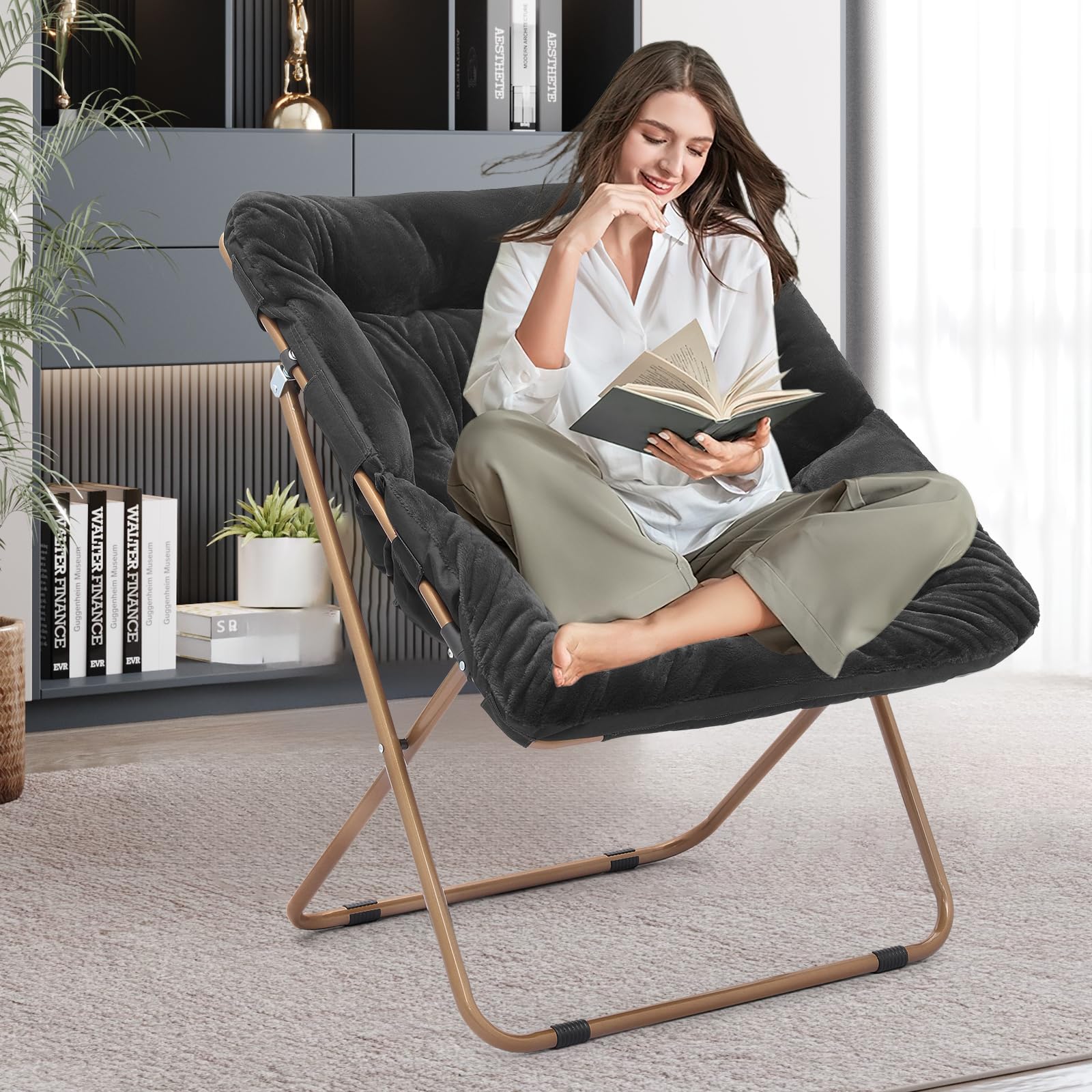 SFIHOME Foldable Oversized Moon Chair, Large Soft Lazy Cozy Comfortable Faux Fur Square Saucer Moon Chair for Teens and Adults, Black