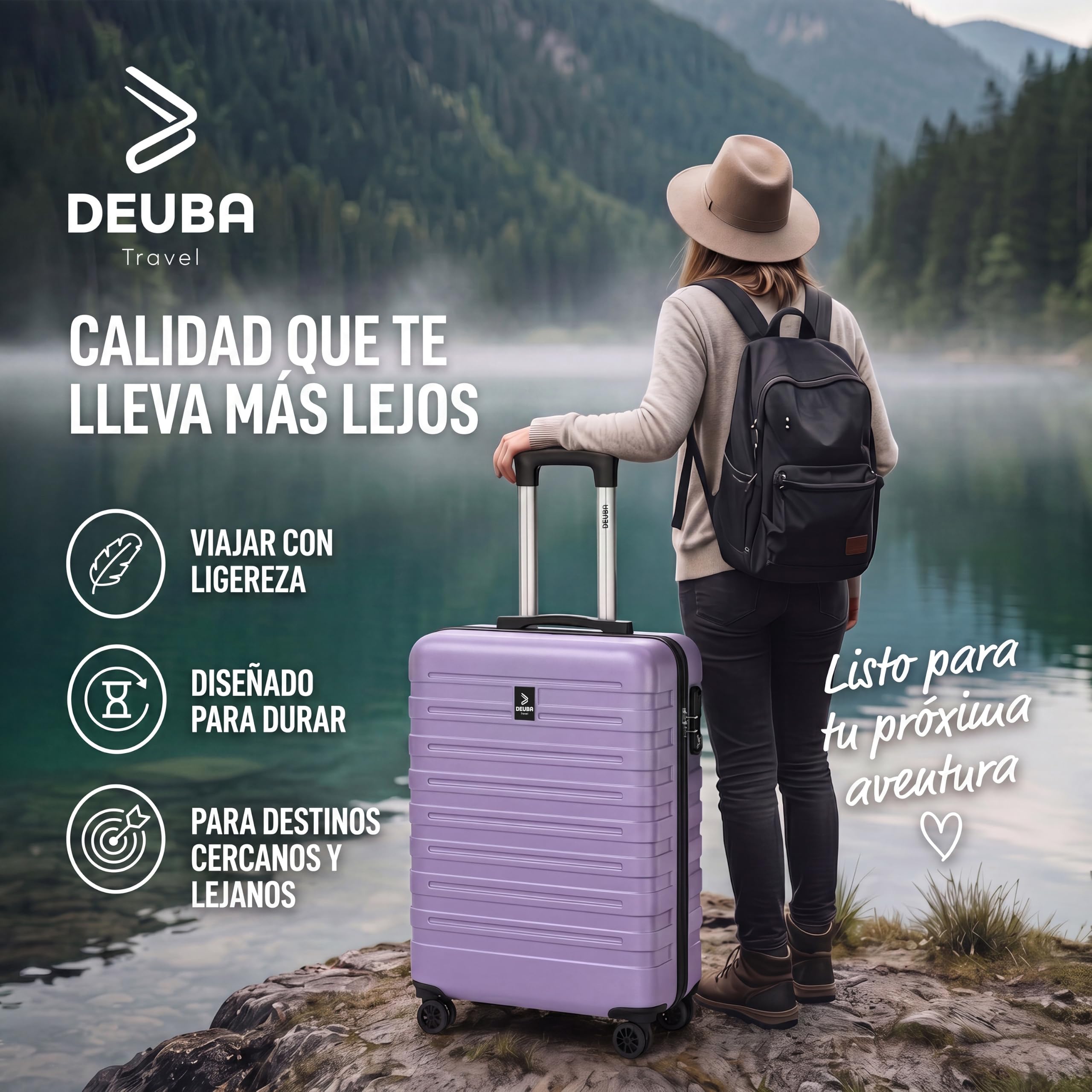 DEUBA® Juego de Maletas de Viaje Rígidas ABS 3 Piezas Asa Telescópica Correas Compartimientos Resistente Trolley Ruedas 360° Cerradura Combinación Apilables Lila Pastel