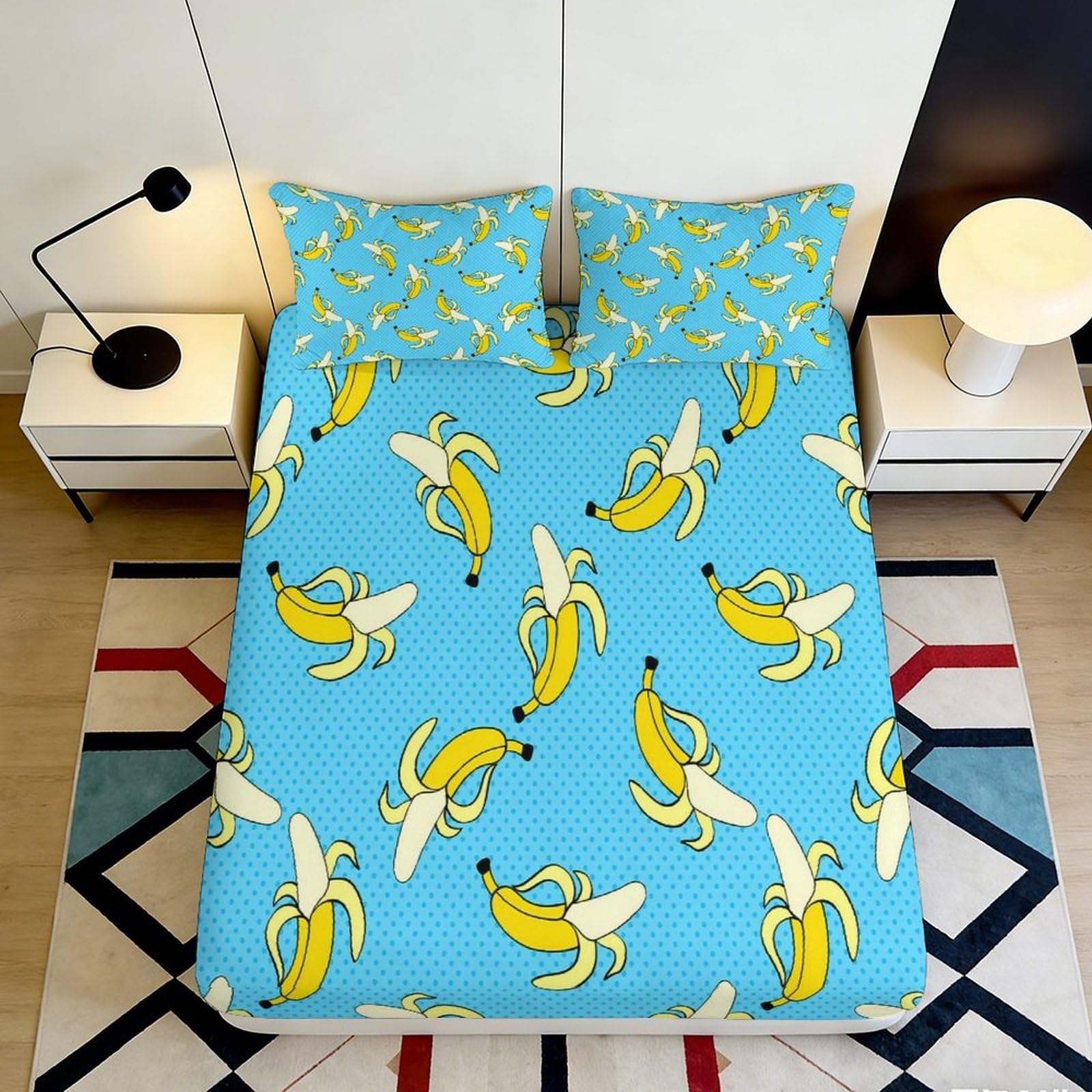 3D Printed Banana Cartoon Fitted Sheet Microfiber Anti-Slip Mattress Cover Blue Bedroom Decor Youth Adult 120x200x25cm