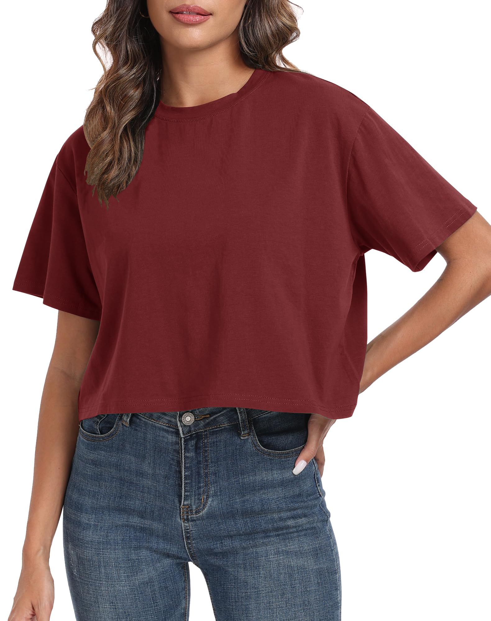 PRIMODA Women's Oversized Workout Cropped T Shirts Crew Neck Short Sleeve Casual Loose Summer Crop Tee Tops Cotton