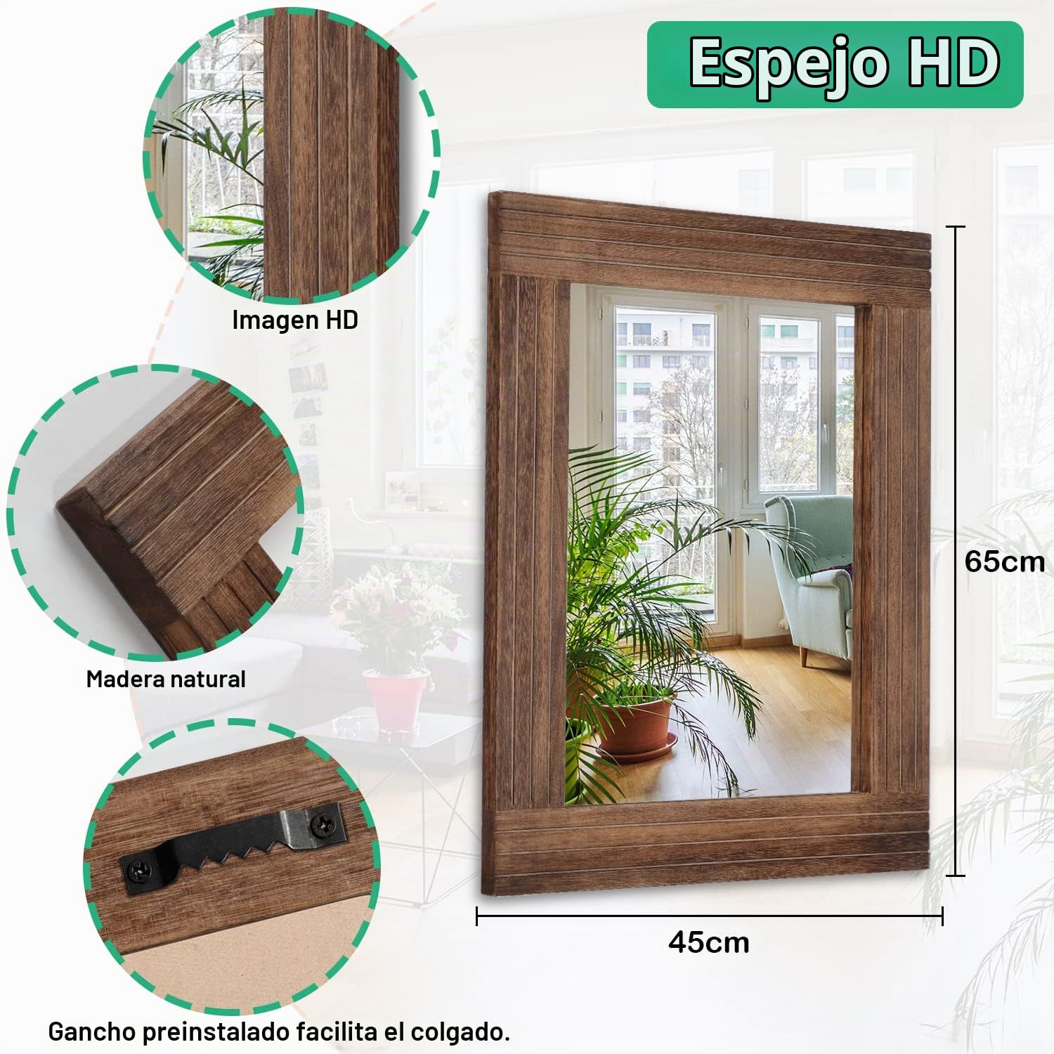 Espejo rústico rectangular de madera con marco de espejo de pared antiguo, decoración de casa de campo, dormitorio, tocador, dormitorio, entrada, espejos grandes, marrón, 45 x 65 cm