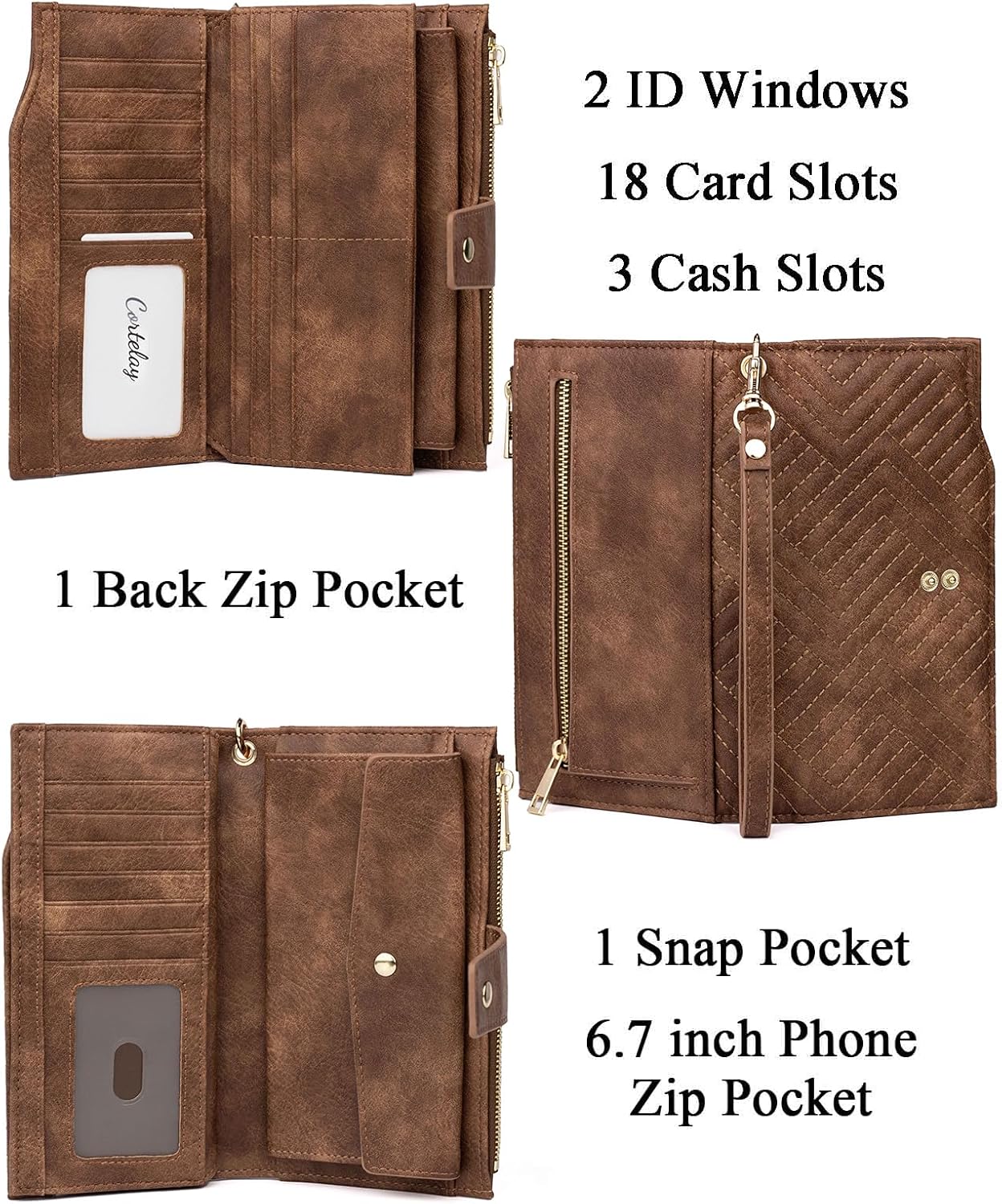 RFID Wallets Women Phone Cluth with Detachable Wristlet Strap, 2 ID Windows, 18 Card Slots, Zip Snap Pockets
