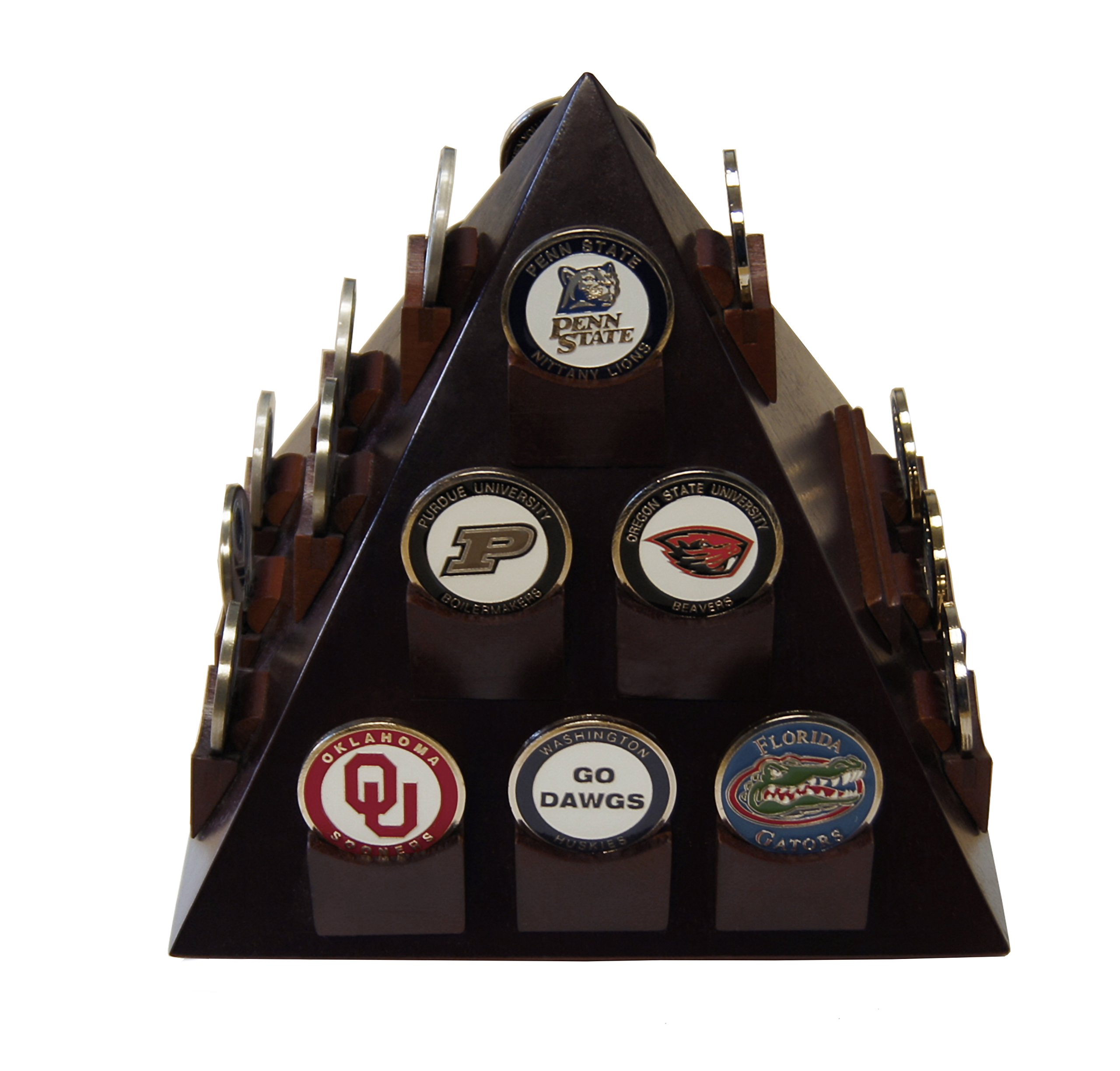 DECOMIL - Pyramid Shaped Military Challenge Coin & Poker/Casino Chip Display Solid Wood - Cherry Finish
