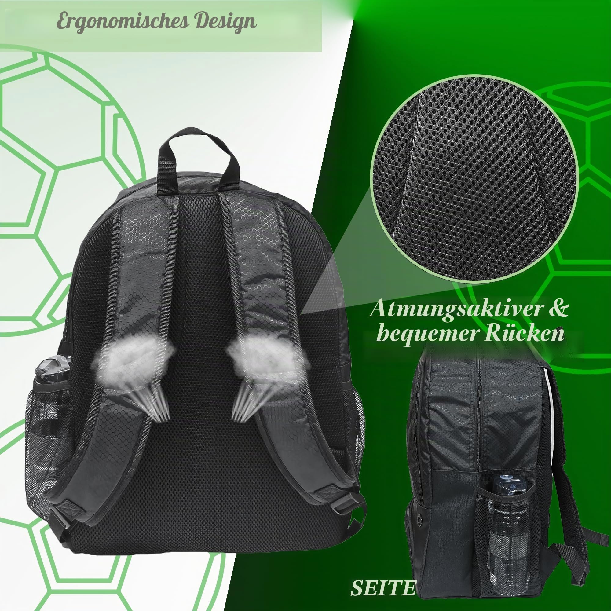 Fußballtasche-Rucksack für Basketball, Volleyball mit Stollenschuhen und Ballfach und innenliegende Laptoptasche für Reisen, Fitnessstudio, Wandern, Sportverein
