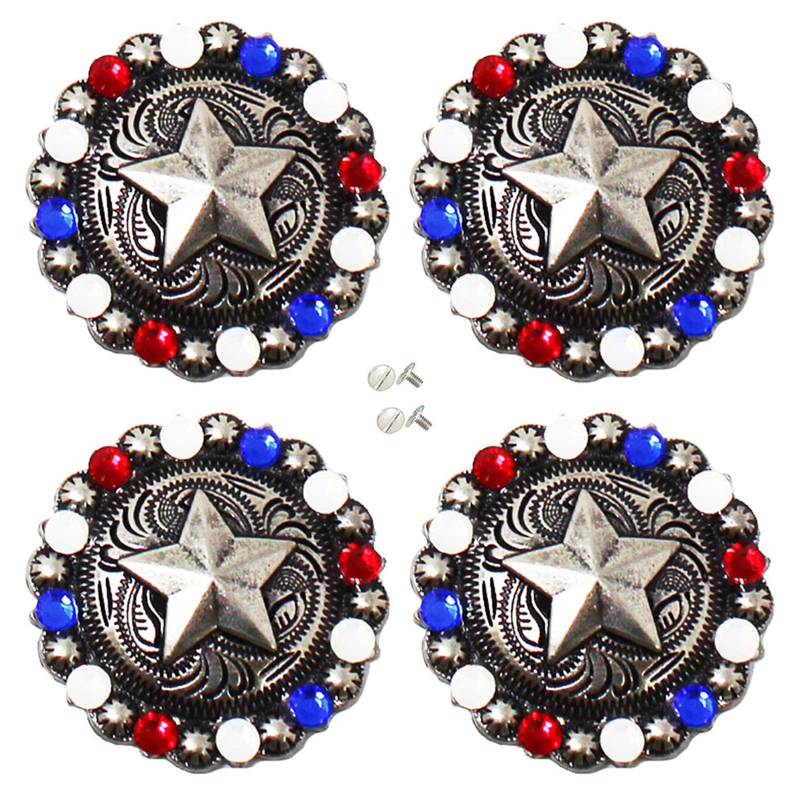 Set of 4 Screw Back Conchos Western Saddle 1-1/4" Silver Star Rhinestone Co596