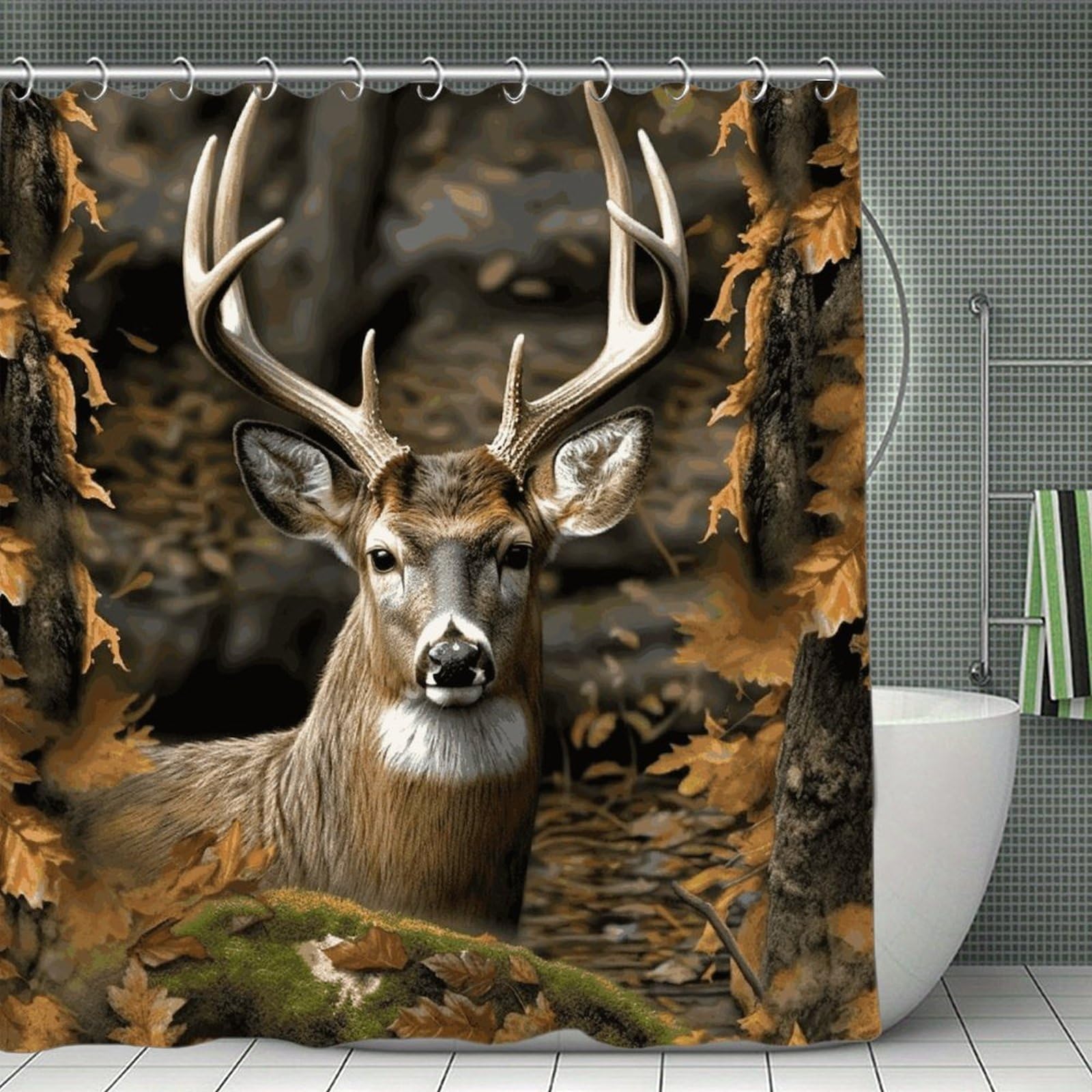 VstaDank Camouflage Deer Shower Curtain Light-Weight Blackout Bathroom Curtain Washable Shower Liner 71x71 Inch Bath Curtain with Metal Holes Bathtub Bath Room