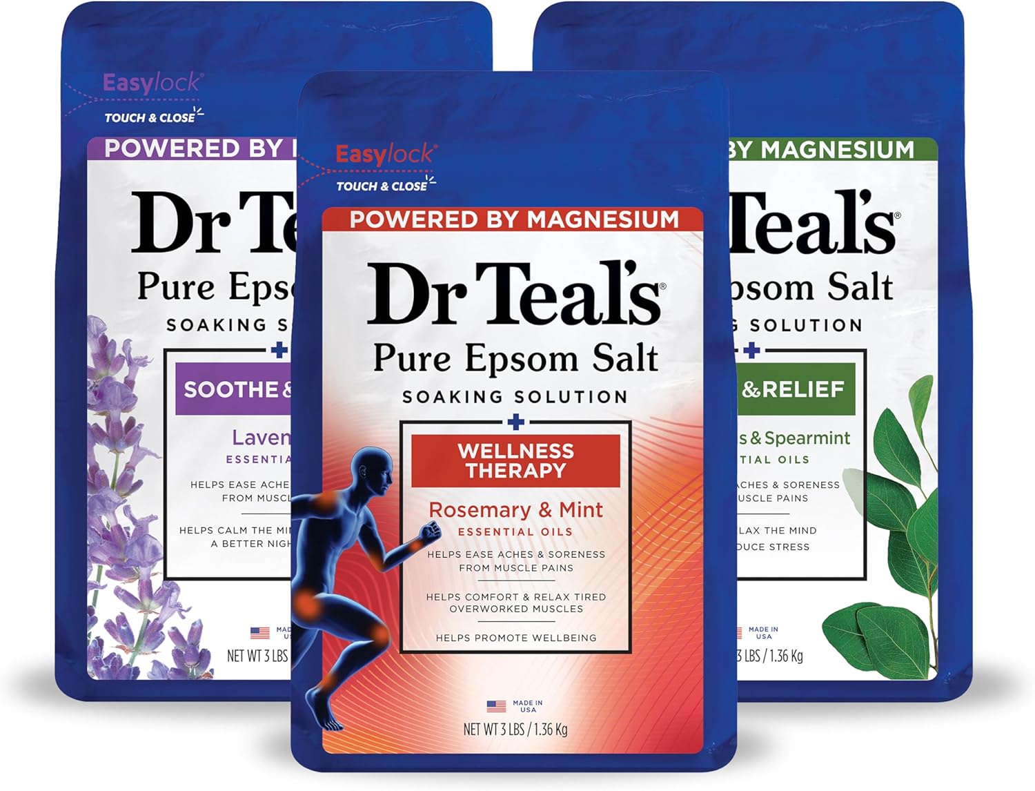 Dr Teal's Pure Epsom Salt, Lavender, Eucalyptus & Wellness Trio Bundle, 3 lbs (Pack of 3) Lavender, Eucalyptus, and Rosemary 48 Ounce (Pack of 3) - Image 1 of 10