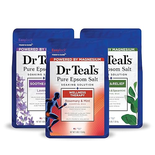 Dr Teal's Pure Epsom Salt, Lavender, Eucalyptus & Wellness Trio Bundle, 3 lbs (Pack of 3) - Lavender, Eucalyptus, and Rosemary - 48 Ounce (Pack of 3)