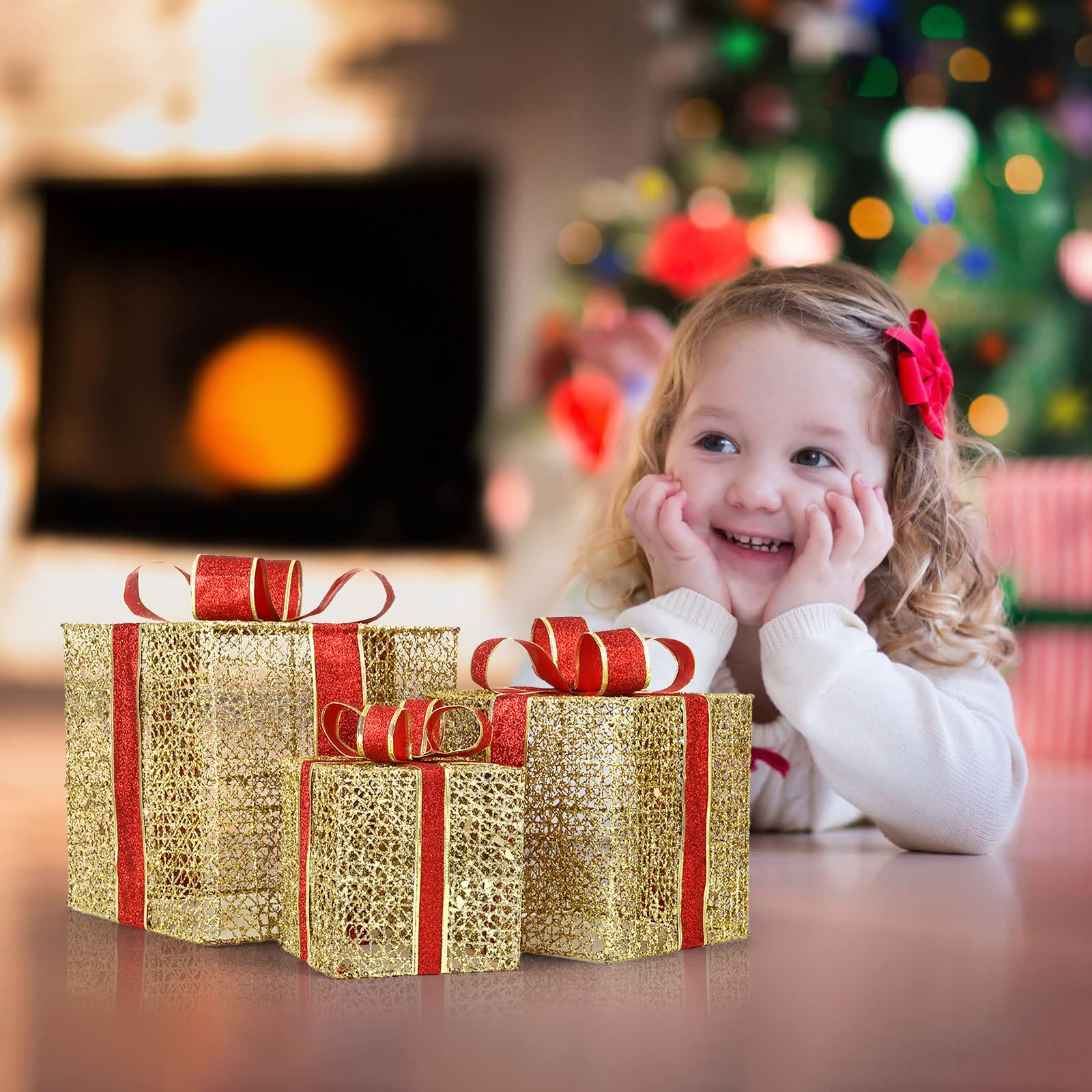Scatola Regalo Regali Natale GWHOLE Set di 3, Scatole Regalo con Luci a LED Giallo Calde Pacchi Natalizi con Orpelli e Fiocco per Decorazioni Natalizie