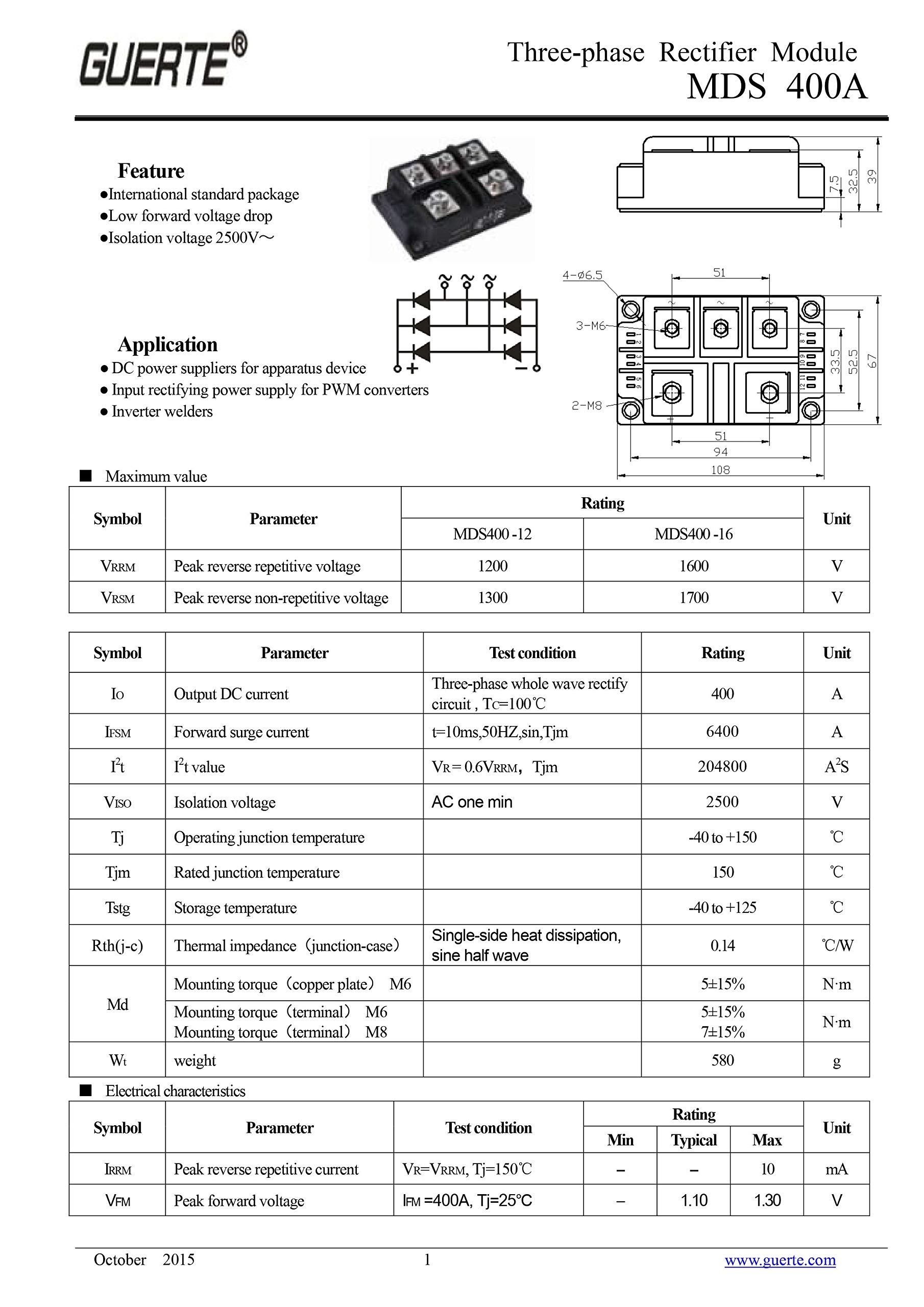 3-Phasen Brückengleichrichter MDS400-16 400A 1600V Modul Guerte