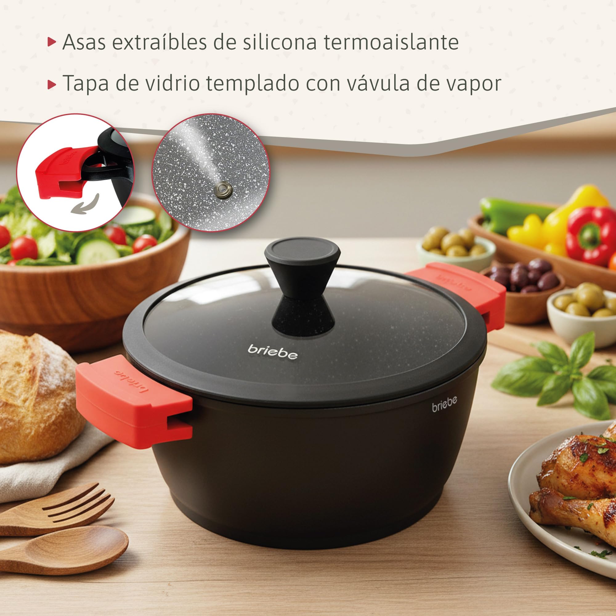 briebe Black Titanium Cacerola Cocina Inducción Antiadherente Titanio, Cazuela 28cm, Aluminio Fundido, Recubrimiento sin PFOA, Tapa Cristal, Asas Silicona Extraíbles, Vitrocerámica, Gas, Horno