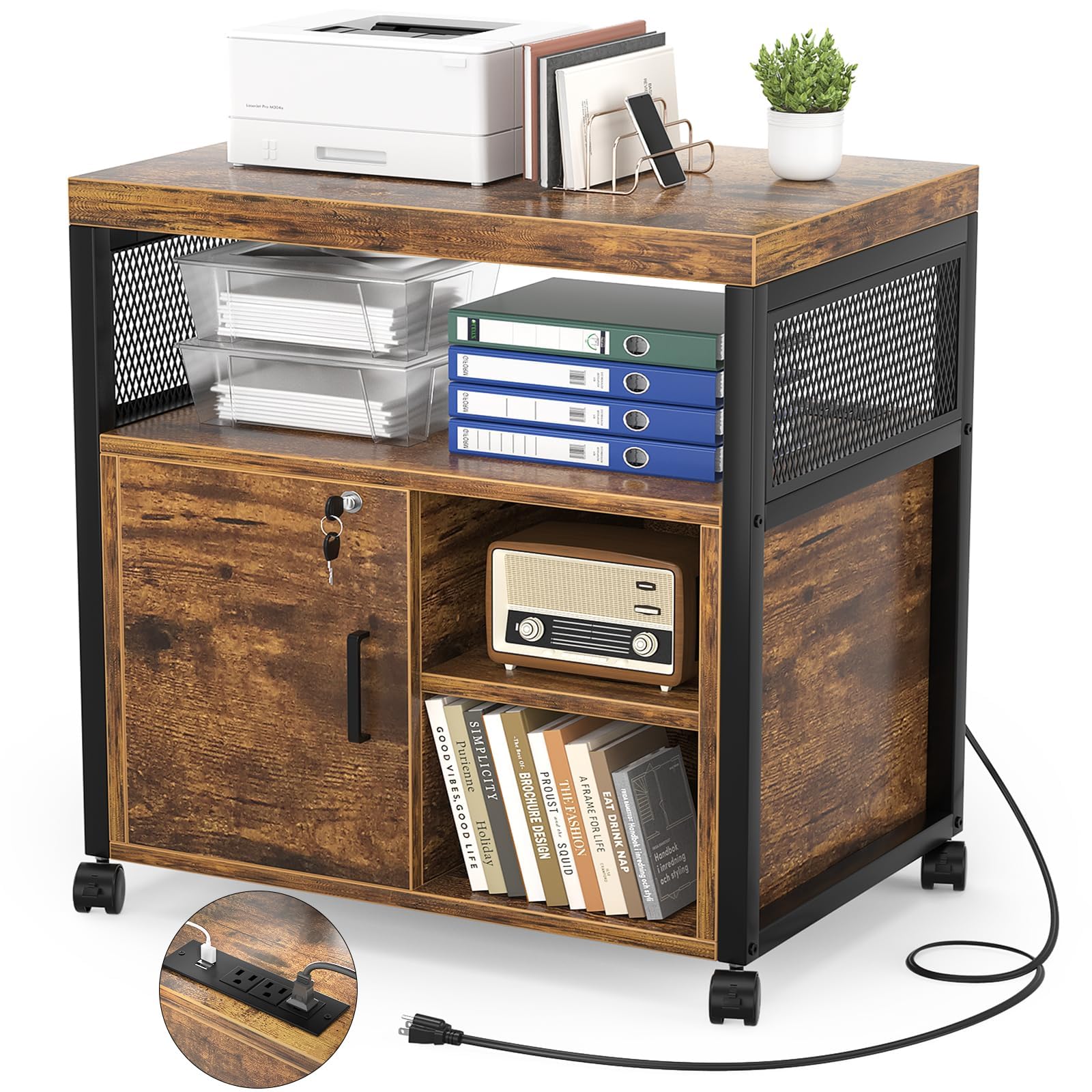 Unikito Lateral File Cabinet, Locking Office Filing Cabinets with Socket and USB Charging Port, Modern Rolling Printer Stand with Storage for A4, Letter Size and File Folders, Rustic Brown