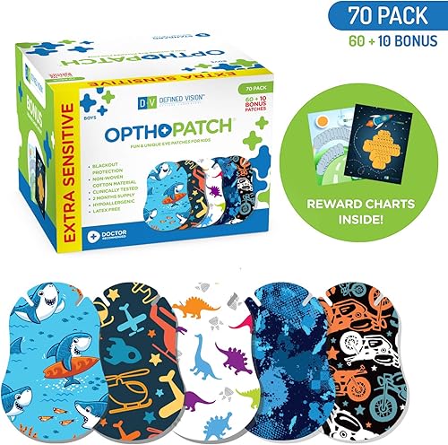 Vista 2 de Parches para ojos para niños, diseño divertido para niños, 60+10 vendajes adhesivos extra sensibles de algodón hipoalergénico sin látex