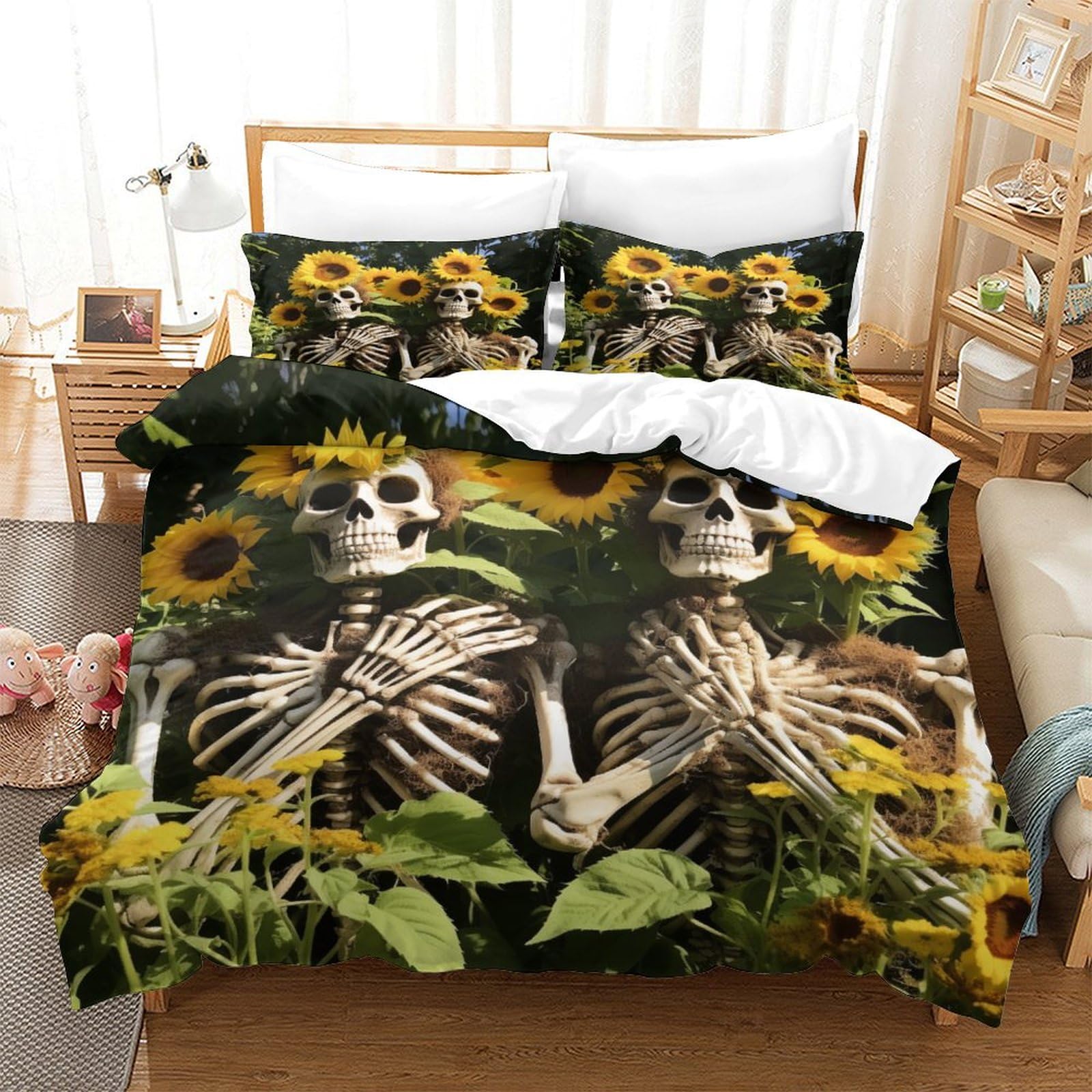 P1S9U7W5Y Artistic 3D Printed Sunflower Skeleton Duvet Cover Set 3pcs Microfiber Bedding King
