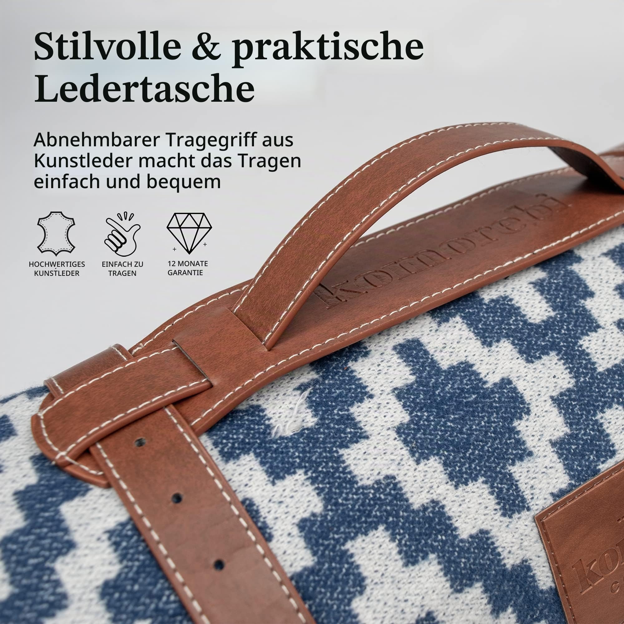 Komorebi Große wasserdichte Picknickdecke für den Außenbereich (198,1 x 149,9 cm) – 100% Baumwolle – Ledertrage – Stranddecke, sanddichte Faltbare Picknickmatte für 4 Erwachsene (blau/weiß) –