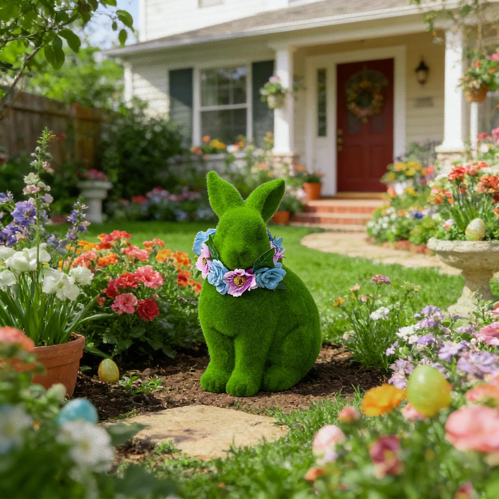 Statua da Giardino a Forma di Coniglio con Ghirlanda di Fiori in Resina | Posavasos para Hacer Cócteles Portátil per Prato Ingresso Tavolo Angolo Interno Ufficio Scrivania