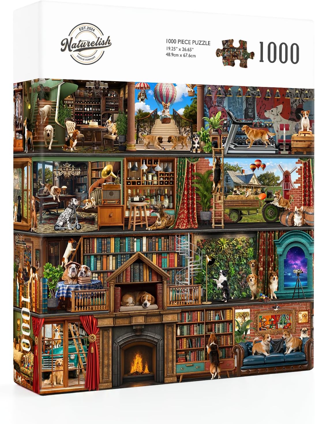 The Grand Canine House 1000 Piece Jigsaw Puzzle for Adults, Dog House Scene with Many Breeds and Room Details, Color Coded Back, 26.65 x 19.25 in