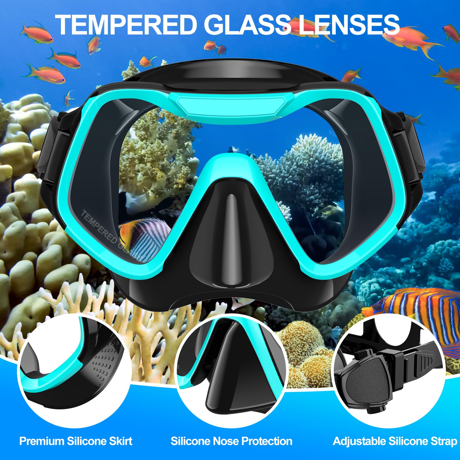 Maschera Subacquea Adulti, Tonfarb Maschera Snorkeling con Maschera e Boccaglio, Panoramica a 180 Gradi e Boccaglio Snorkel, Anti-Nebbia Antiperdita Maschera Sub per Giovani e Adulti