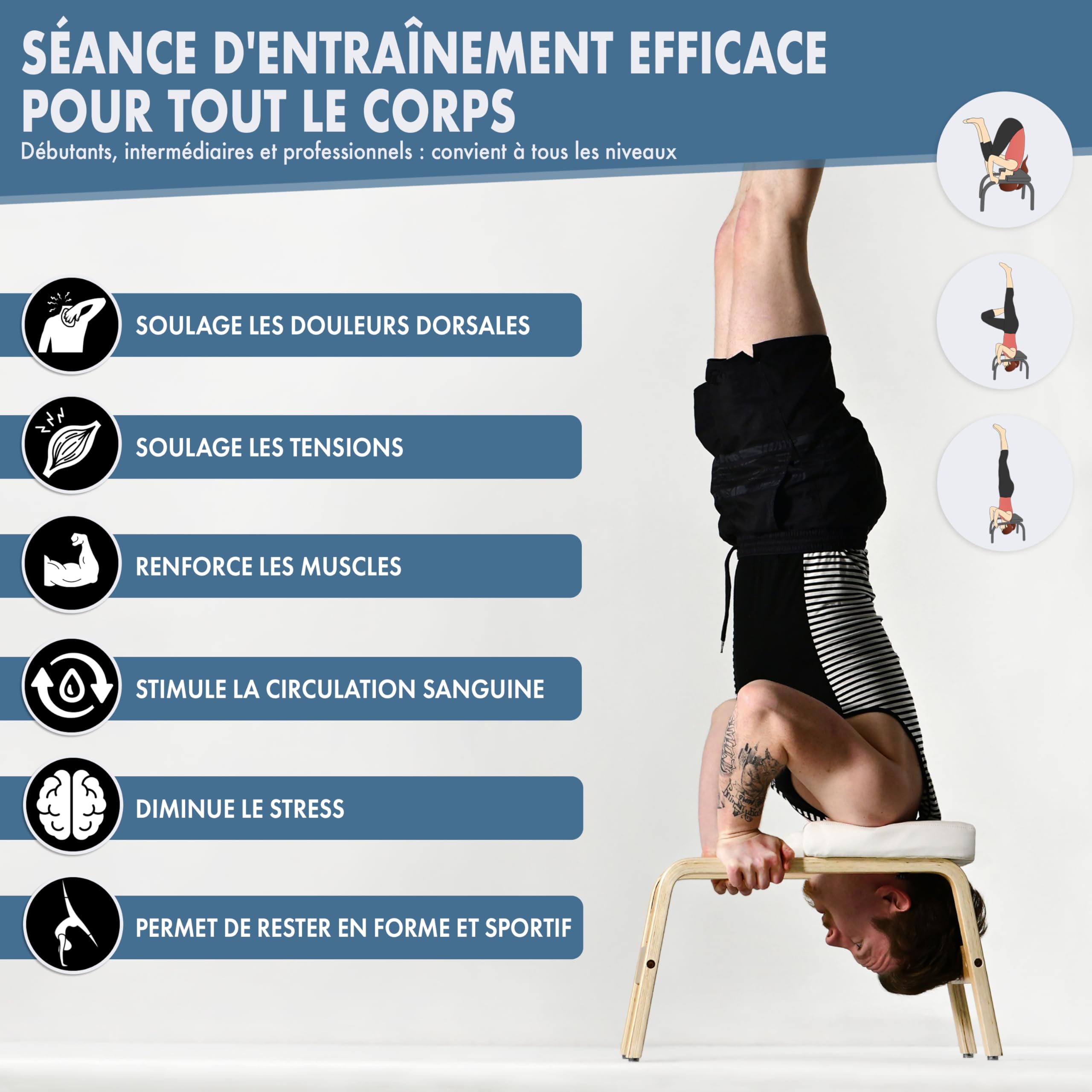 VALENESS® Tabouret de yoga,Tabouret de yoga de qualité supérieure avec sangle de yoga,Chaise de yoga pour exercice de main en bois naturel massif,Équipement de yoga pour la maison