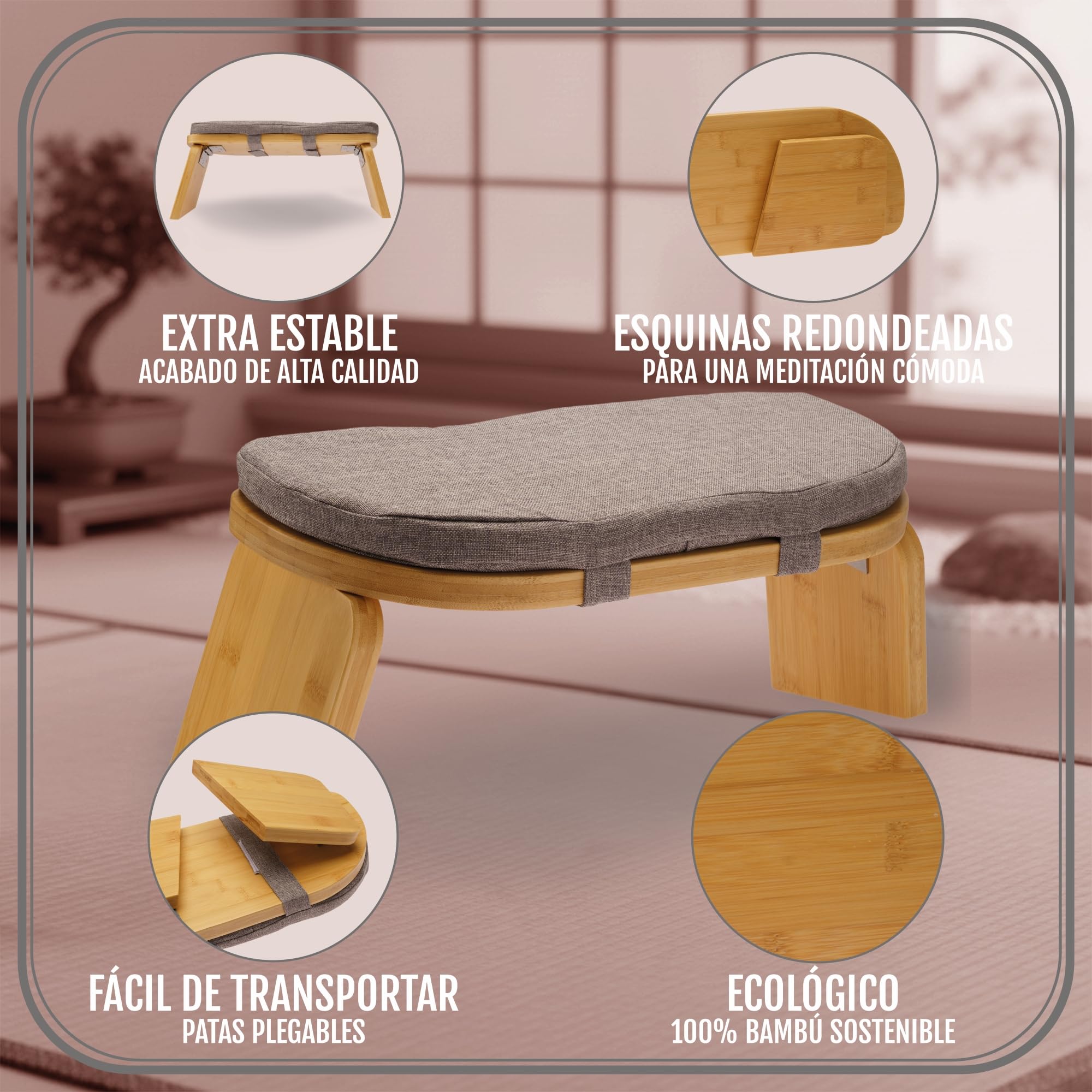Banco de Meditación Plegable 44x18 cm con Cojín Banco de Yoga Ergonómico de Bambú Sostenible para Atención Plena y Alivio de Rodillas