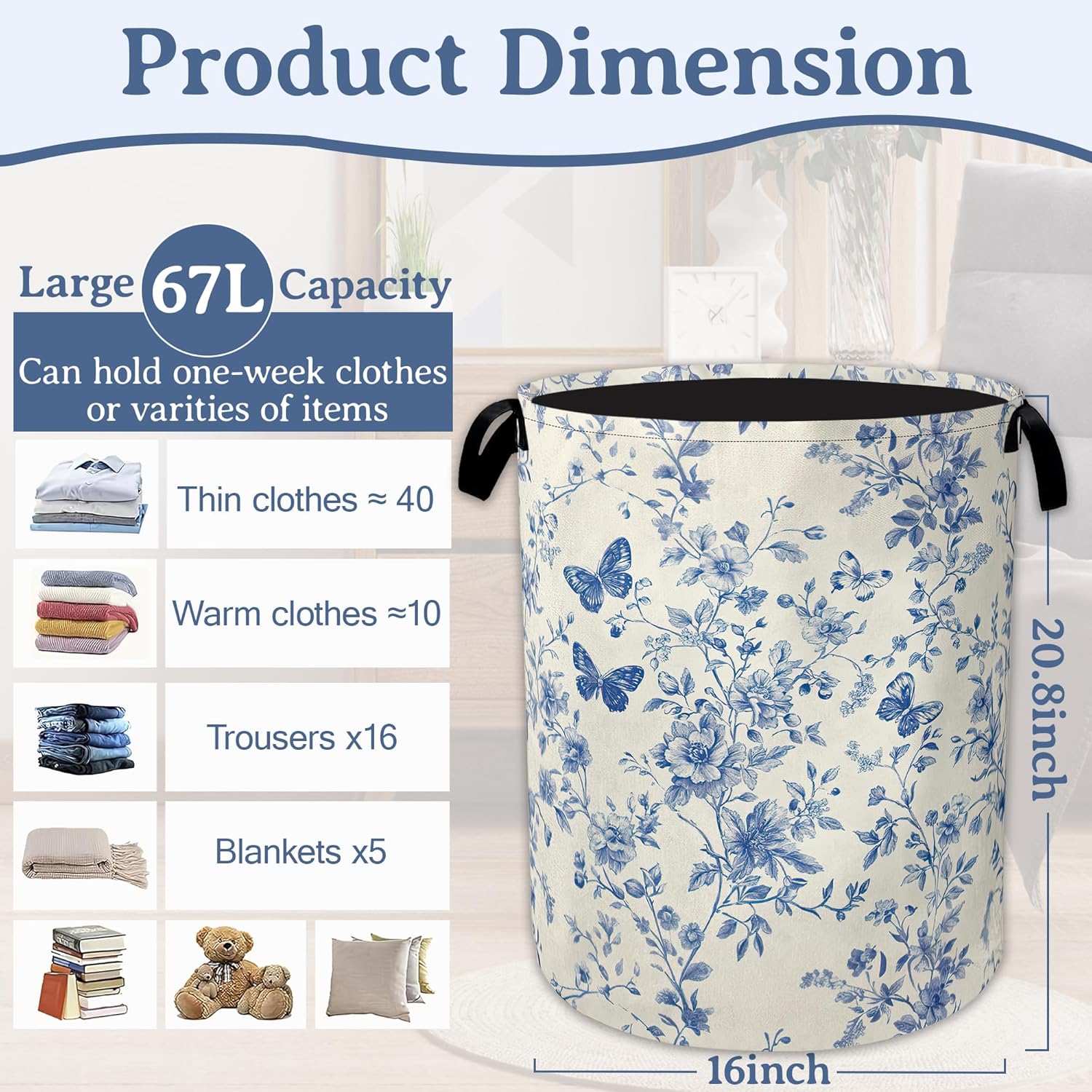 Butterfly Laundry Basket,Oxford Cloth Vintage Floral Blue Laundry Hamper With Handle Foldable Portable Clothes Storage Basket for Laundry Room/Bedroom/Bathroom 20.8"x16"